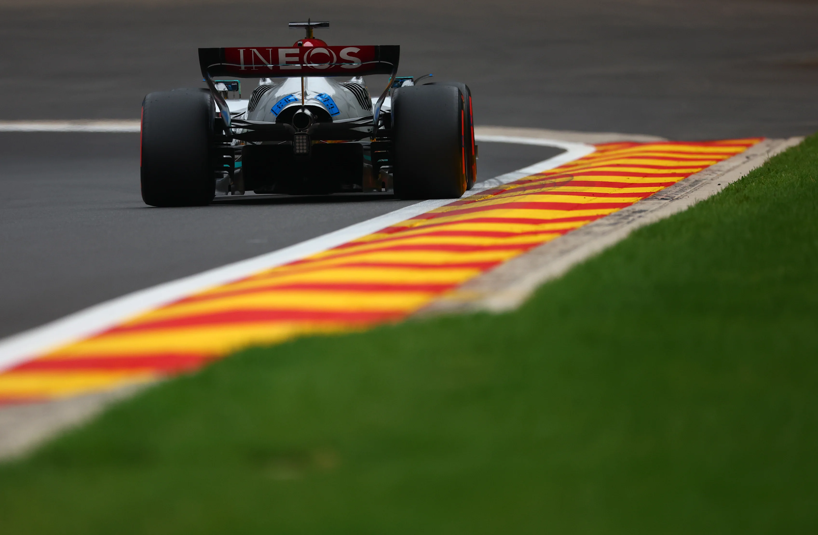 SPA, BELGIUM - AUGUST 27: George Russell of Great Britain driving the (63) Mercedes AMG Petronas F1 Team W13 on track during final practice ahead of the F1 Grand Prix of Belgium at Circuit de Spa-Francorchamps on August 27, 2022 in Spa, Belgium. (Photo by Alex Pantling - Formula 1/Formula 1 via Getty Images)