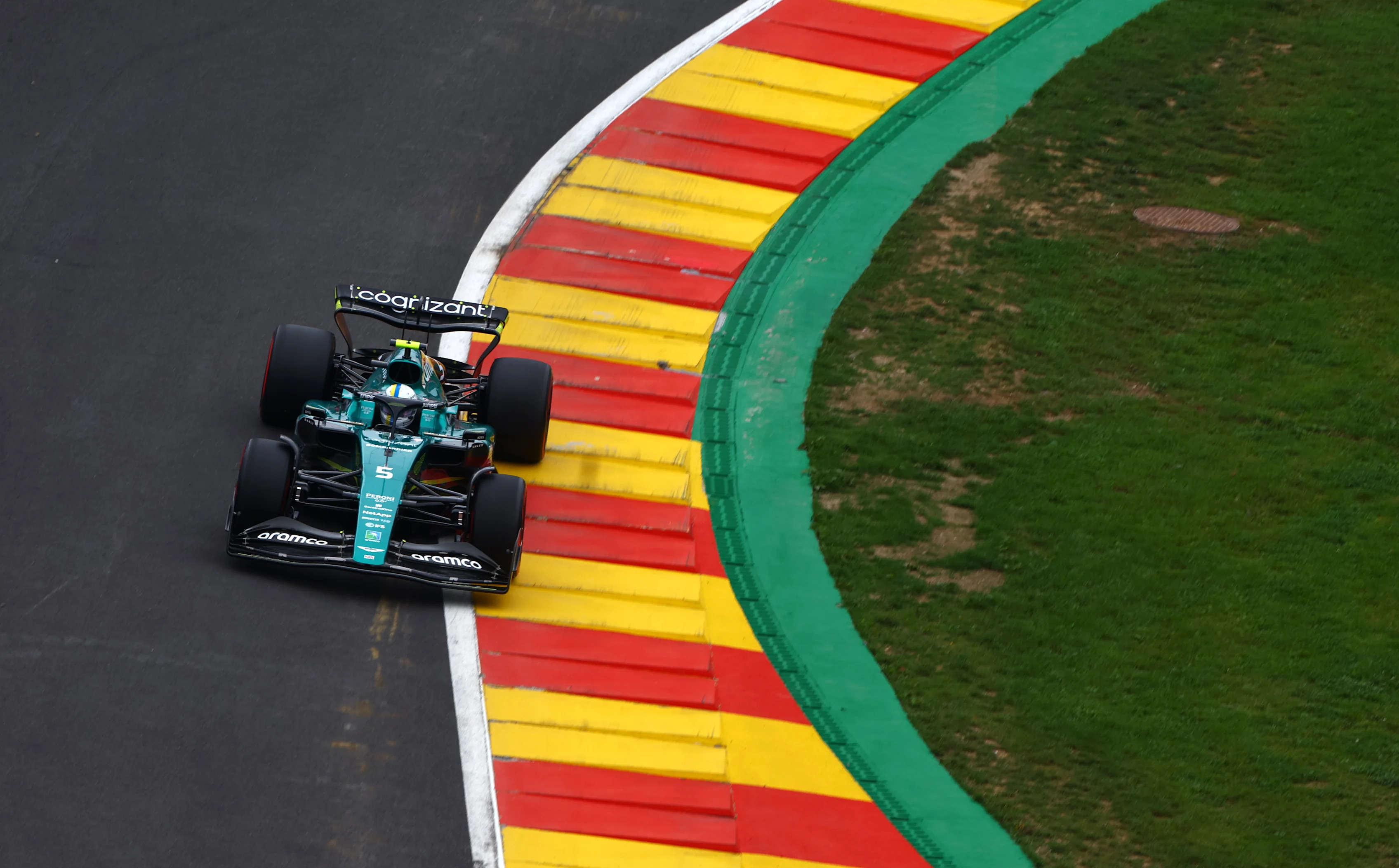 SPA, BELGIUM - AUGUST 27: Sebastian Vettel of Germany driving the (5) Aston Martin AMR22 Mercedes on track during final practice ahead of the F1 Grand Prix of Belgium at Circuit de Spa-Francorchamps on August 27, 2022 in Spa, Belgium. (Photo by Mark Thompson/Getty Images)