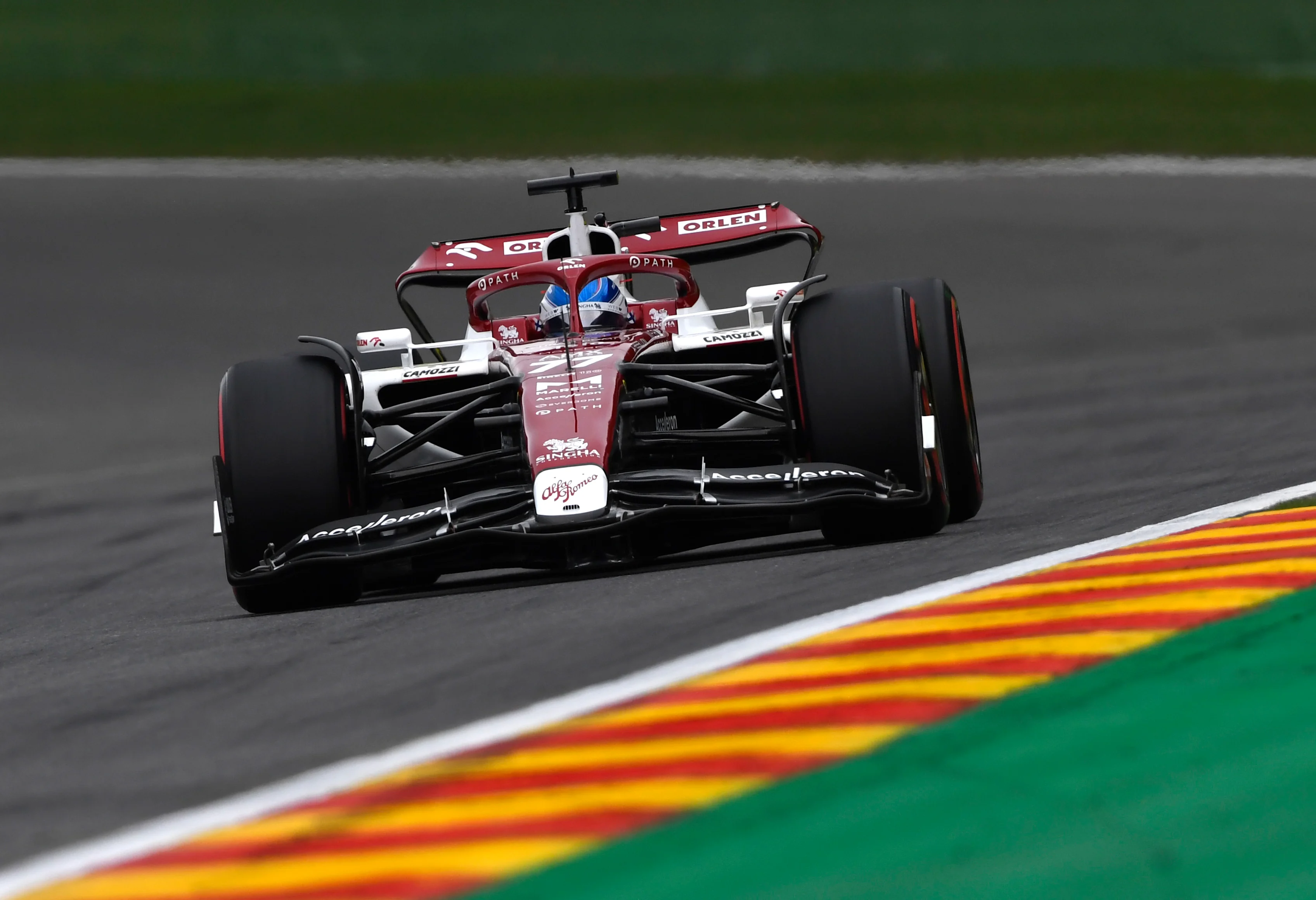 SPA, BELGIUM - AUGUST 27: Valtteri Bottas of Finland driving the (77) Alfa Romeo F1 C42 Ferrari on