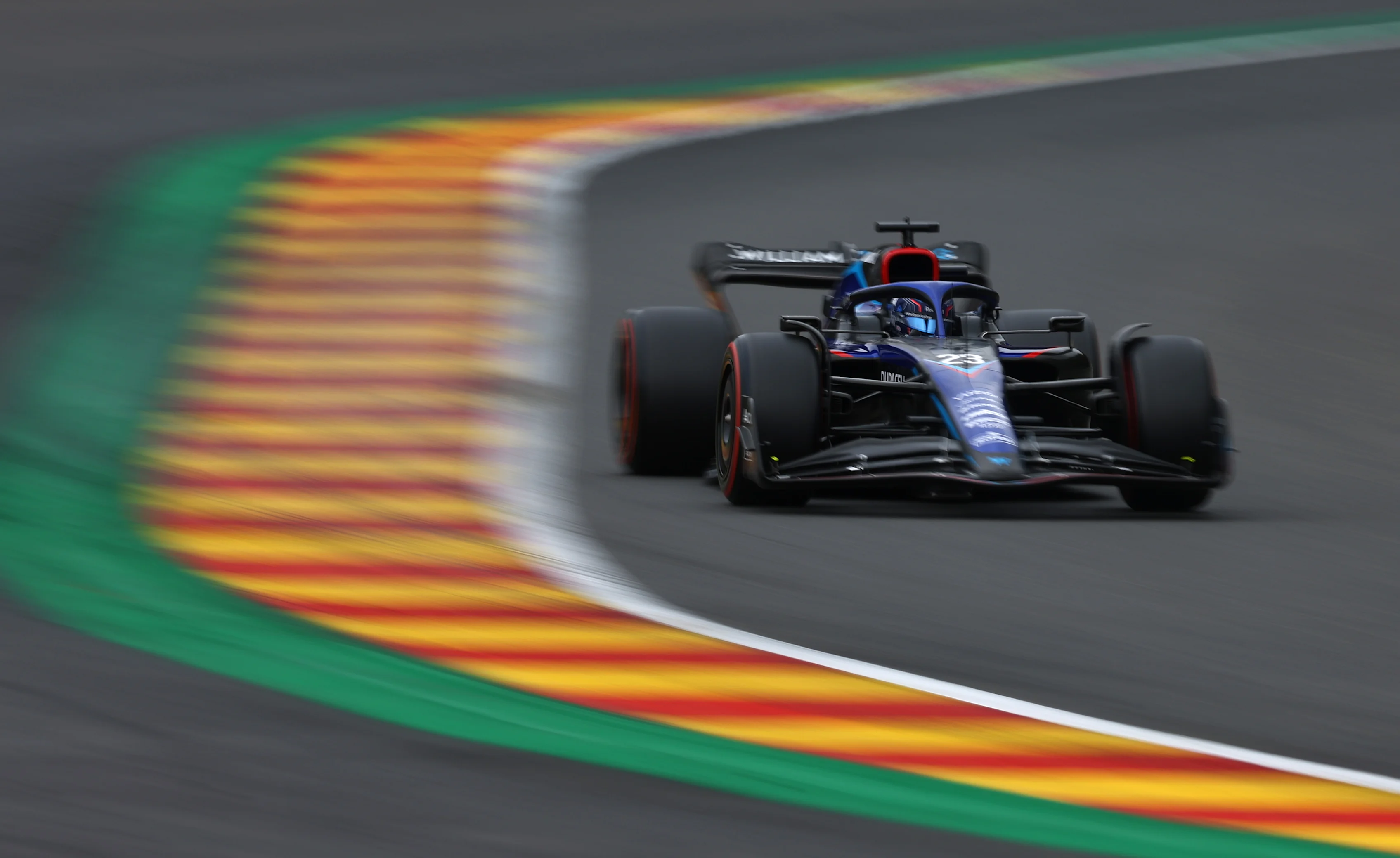 SPA, BELGIUM - AUGUST 27: Alexander Albon of Thailand driving the (23) Williams FW44 Mercedes on track during qualifying ahead of the F1 Grand Prix of Belgium at Circuit de Spa-Francorchamps on August 27, 2022 in Spa, Belgium. (Photo by Lars Baron - Formula 1/Formula 1 via Getty Images)