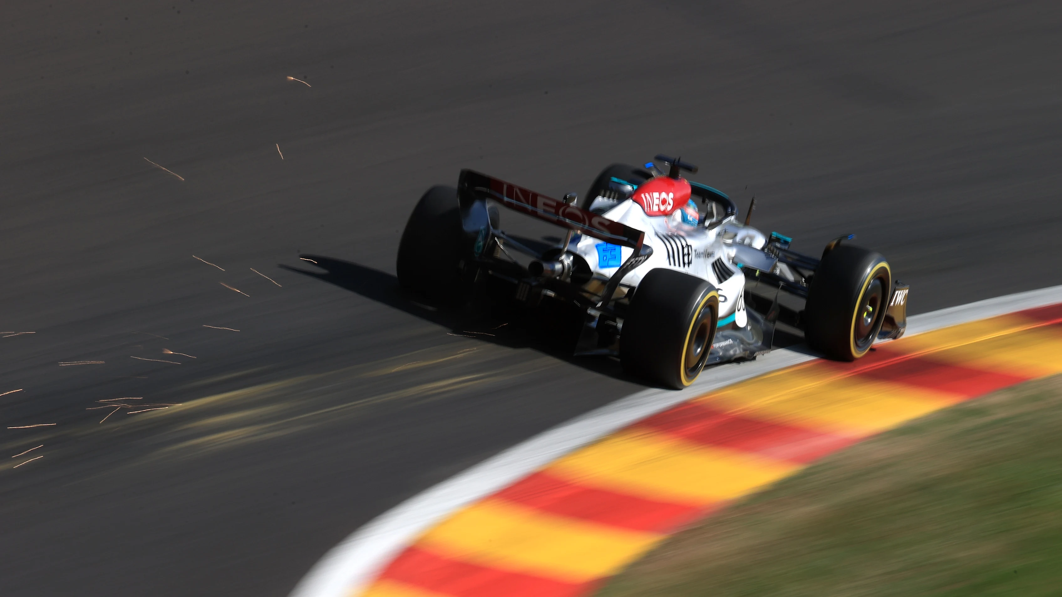 SPA, BELGIUM - AUGUST 28: George Russell of Great Britain driving the (63) Mercedes AMG Petronas F1