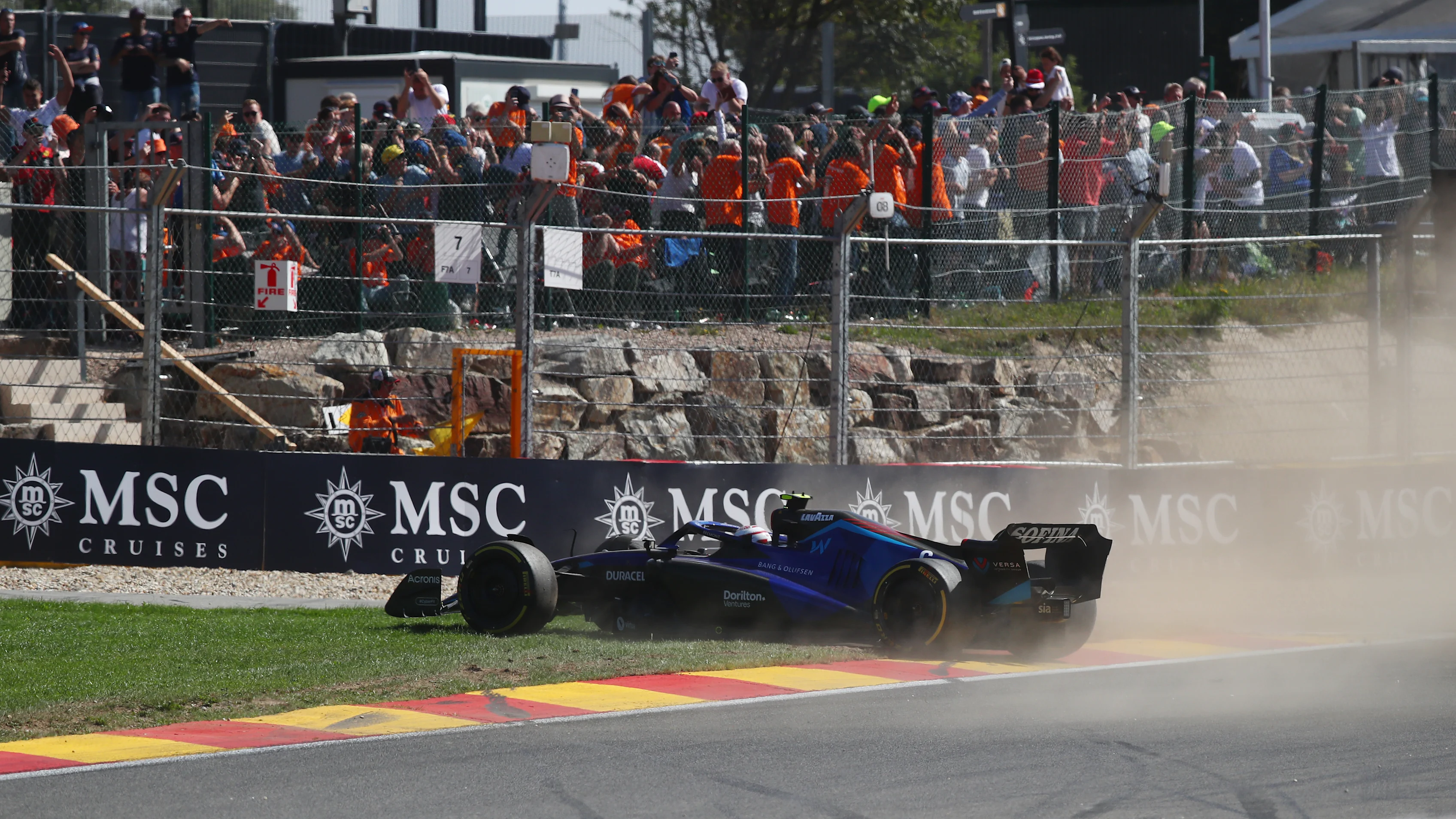 SPA, BELGIUM - AUGUST 28: Nicholas Latifi of Canada driving the (6) Williams FW44 Mercedes spins