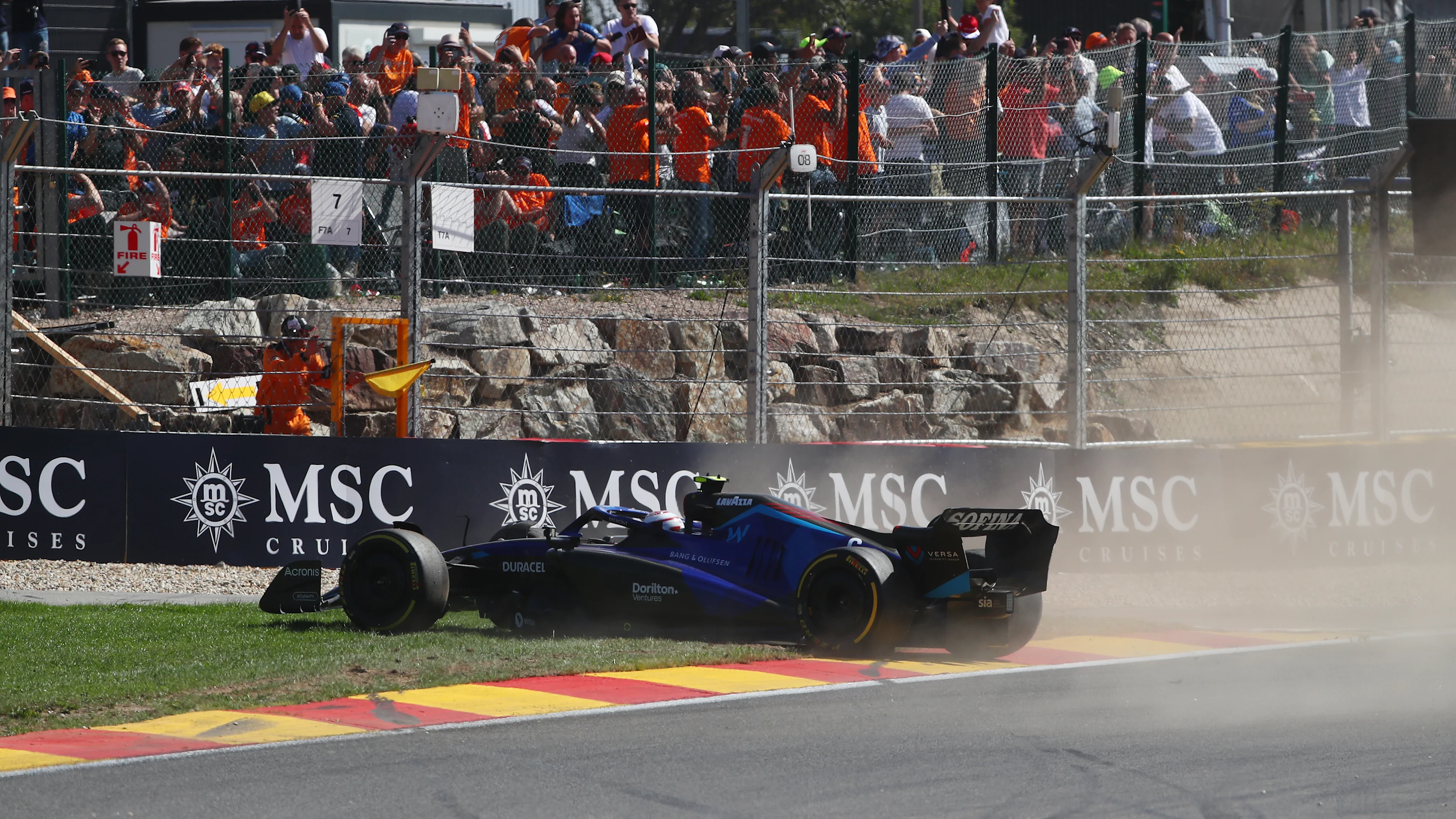 SPA, BELGIUM - AUGUST 28: Nicholas Latifi of Canada driving the (6) Williams FW44 Mercedes spins during the F1 Grand Prix of Belgium at Circuit de Spa-Francorchamps on August 28, 2022 in Spa, Belgium. (Photo by Joe Portlock - Formula 1/Formula 1 via Getty Images)