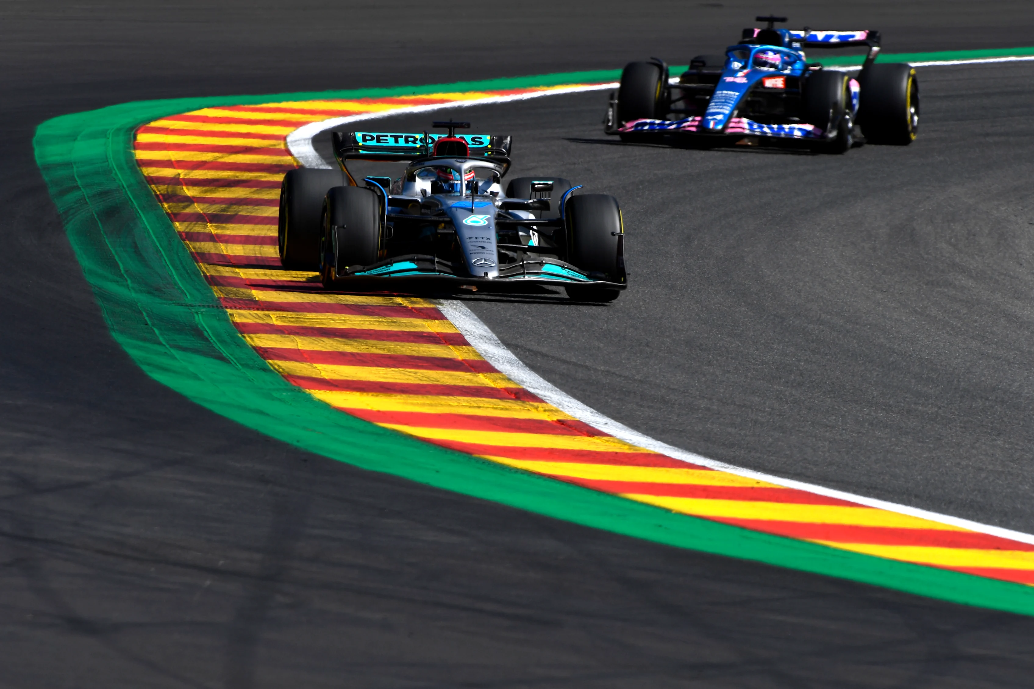 SPA, BELGIUM - AUGUST 28: George Russell of Great Britain driving the (63) Mercedes AMG Petronas F1