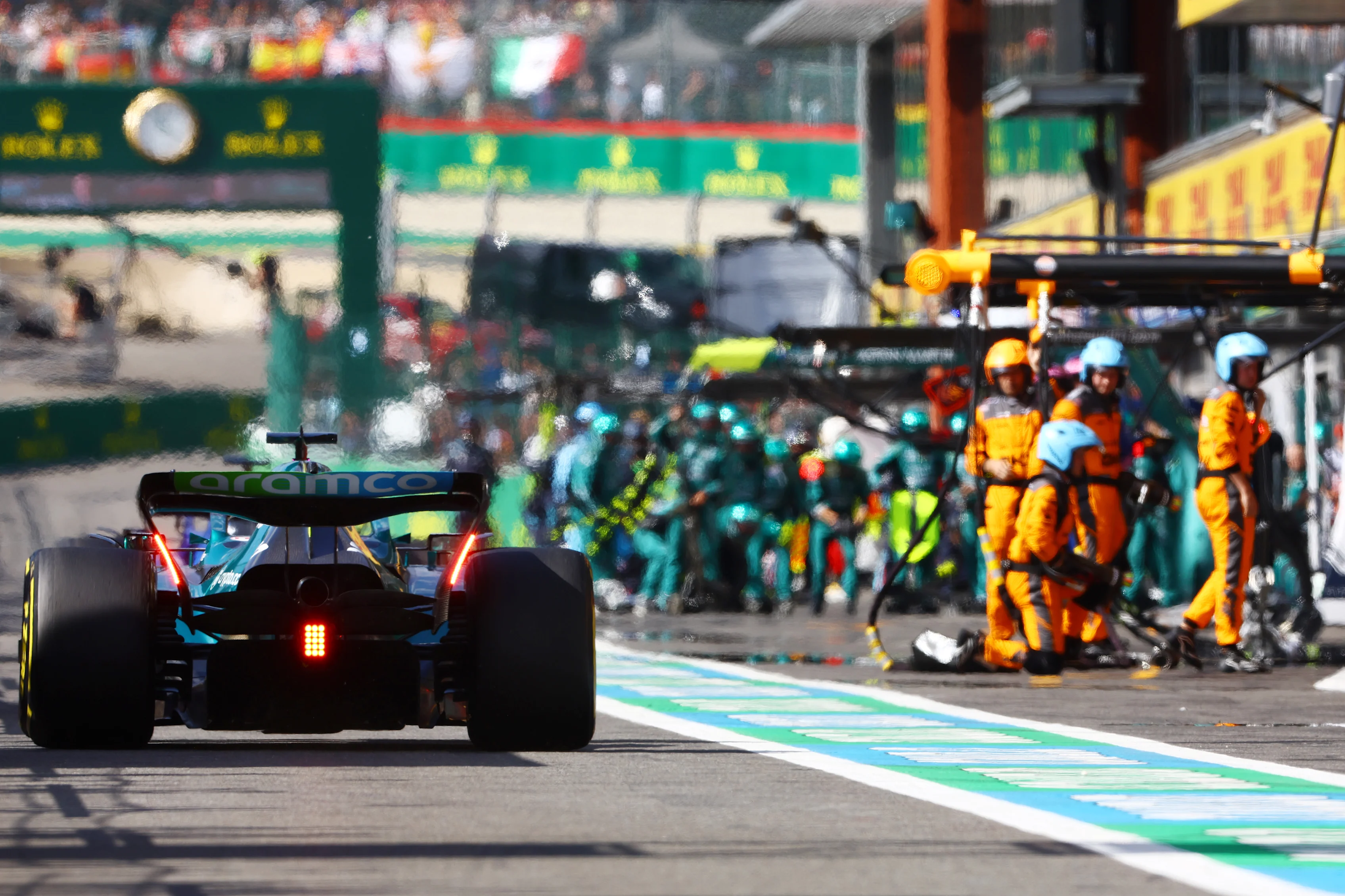 SPA, BELGIUM - AUGUST 28: Lance Stroll of Canada driving the (18) Aston Martin AMR22 Mercedes makes a  during the F1 Grand Prix of Belgium at Circuit de Spa-Francorchamps on August 28, 2022 in Spa, Belgium. (Photo by Mark Thompson/Getty Images)