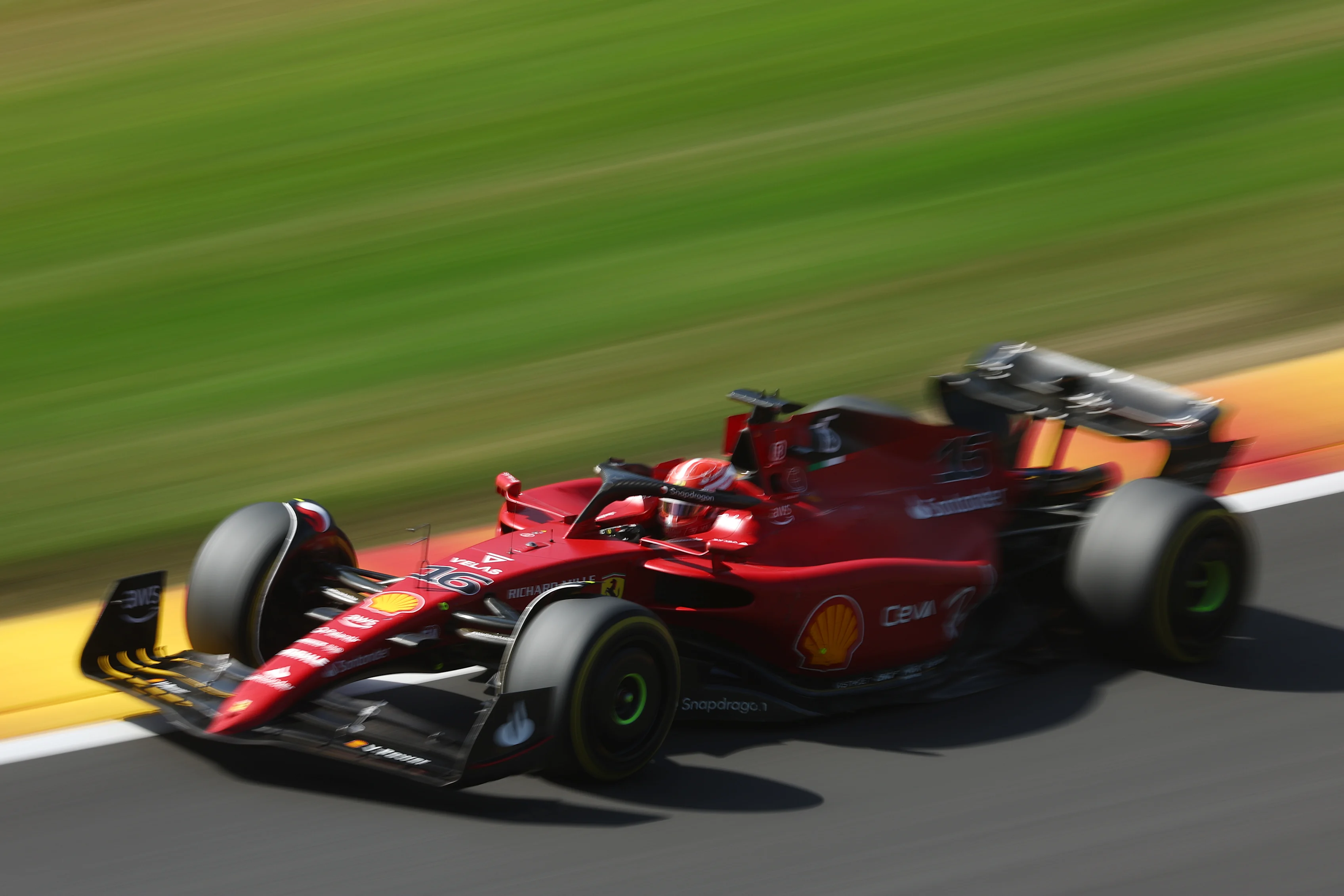 SPA, BELGIUM - AUGUST 28: Charles Leclerc of Monaco driving the (16) Ferrari F1-75 on track during