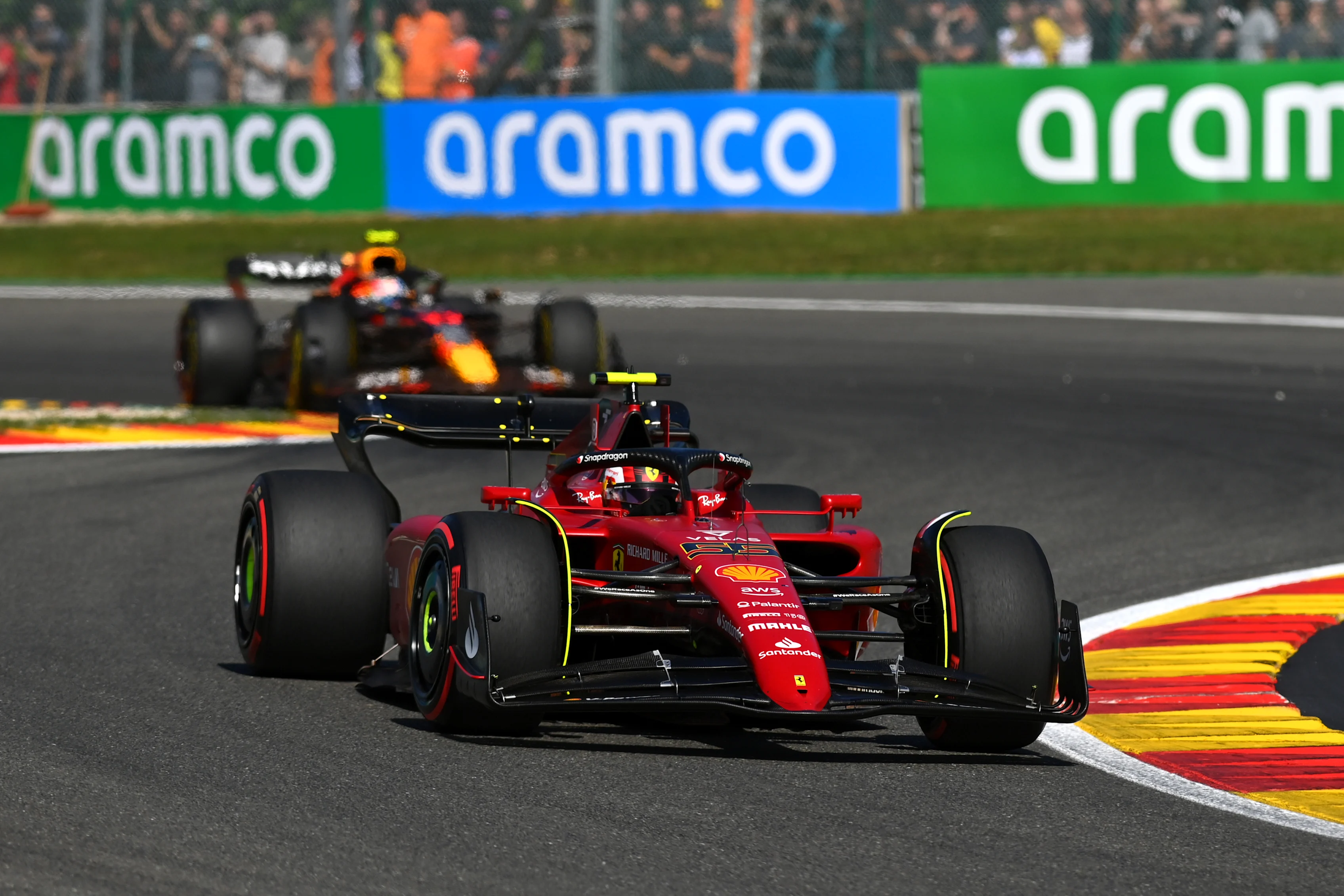 SPA, BELGIUM - AUGUST 28: Carlos Sainz of Spain driving (55) the Ferrari F1-75 on track during the
