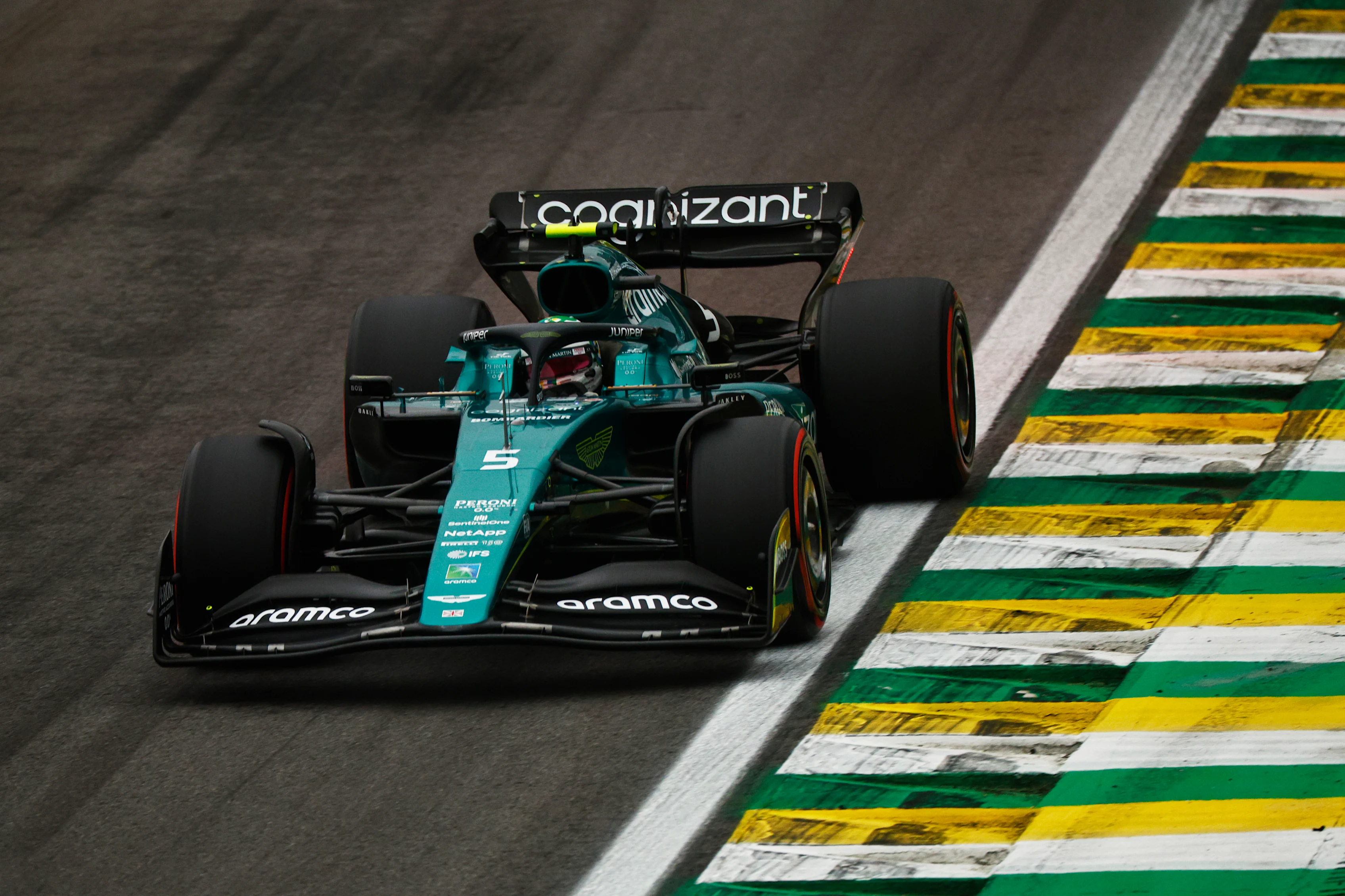 SAO PAULO, BRAZIL - NOVEMBER 11: Sebastian Vettel of Germany driving the (5) Aston Martin AMR22 Mercedes on track during qualifying ahead of the F1 Grand Prix of Brazil at Autodromo Jose Carlos Pace on November 11, 2022 in Sao Paulo, Brazil. (Photo by Chris Graythen/Getty Images)