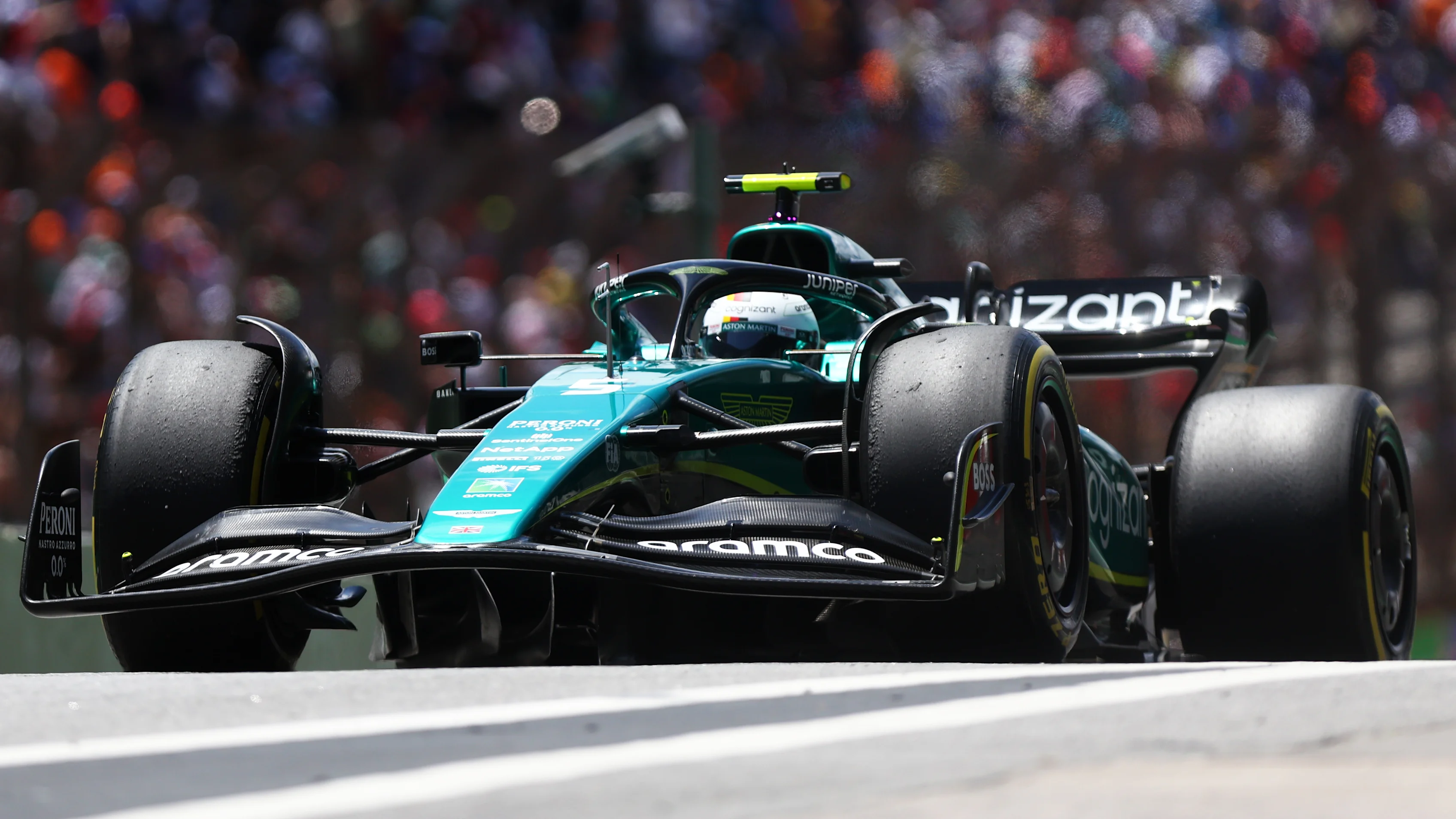 SAO PAULO, BRAZIL - NOVEMBER 12: Sebastian Vettel of Germany driving the (5) Aston Martin AMR22 Mercedes on track during practice ahead of the F1 Grand Prix of Brazil at Autodromo Jose Carlos Pace on November 12, 2022 in Sao Paulo, Brazil. (Photo by Dan Istitene - Formula 1/Formula 1 via Getty Images)