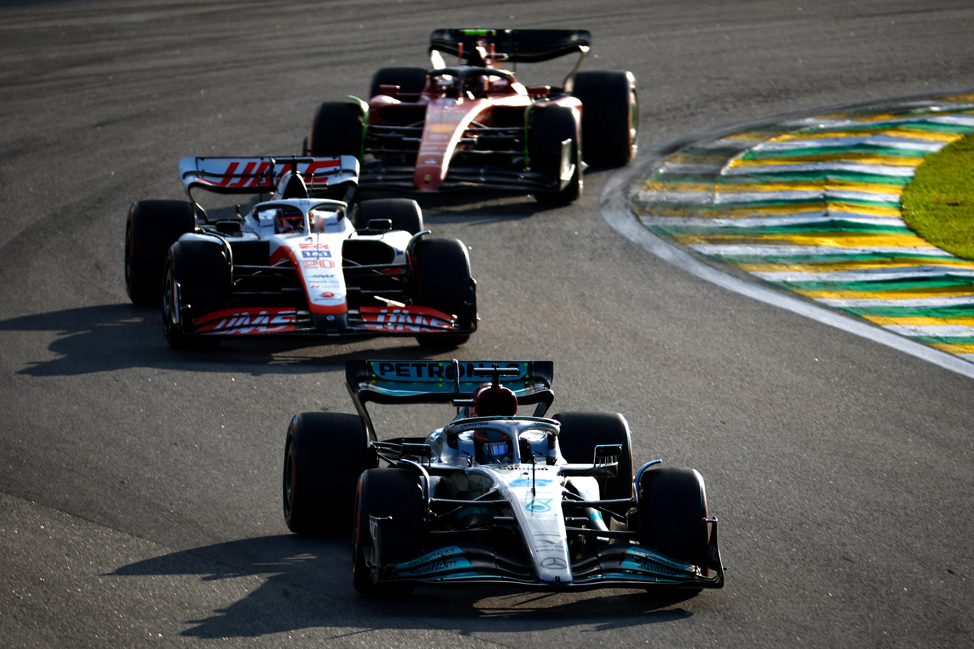 SAO PAULO, BRAZIL - NOVEMBER 12: George Russell of Great Britain driving the (63) Mercedes AMG