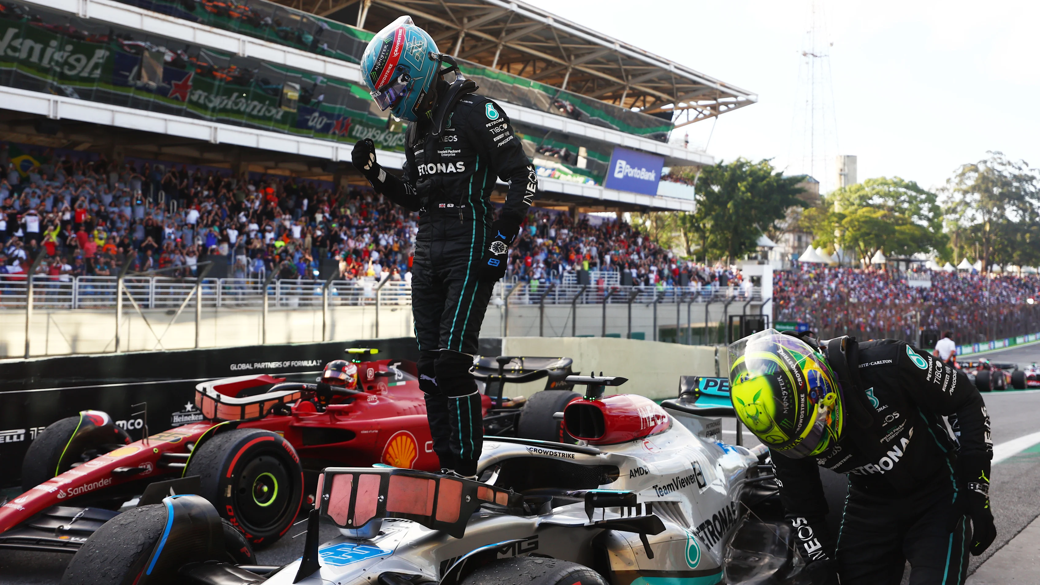 SAO PAULO, BRAZIL - NOVEMBER 12: Sprint winner George Russell of Great Britain and Mercedes
