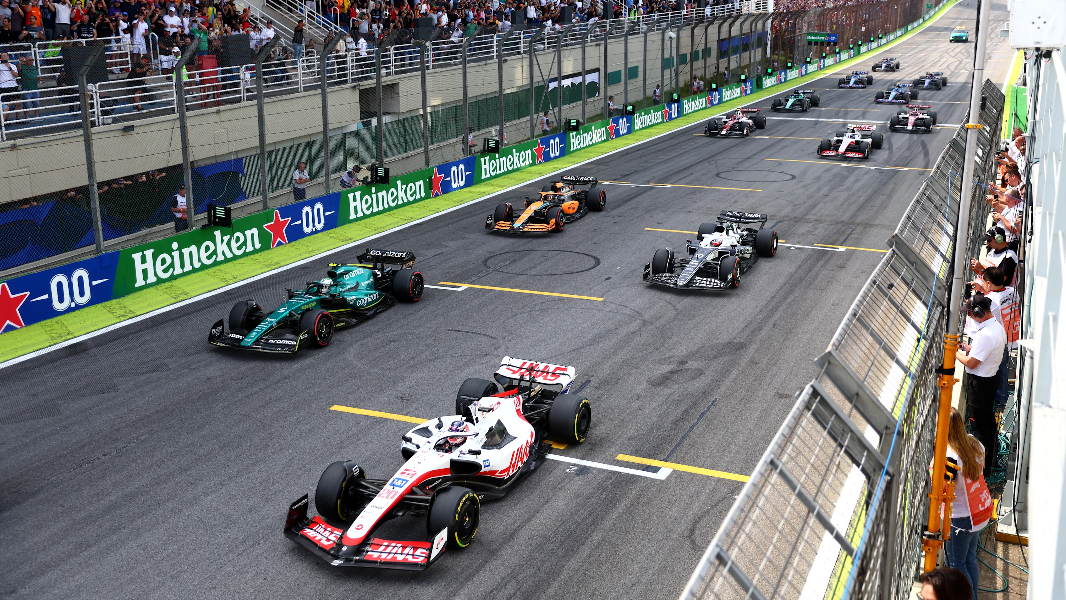 SAO PAULO, BRAZIL - NOVEMBER 13: Kevin Magnussen of Denmark driving the (20) Haas F1 VF-22 Ferrari
