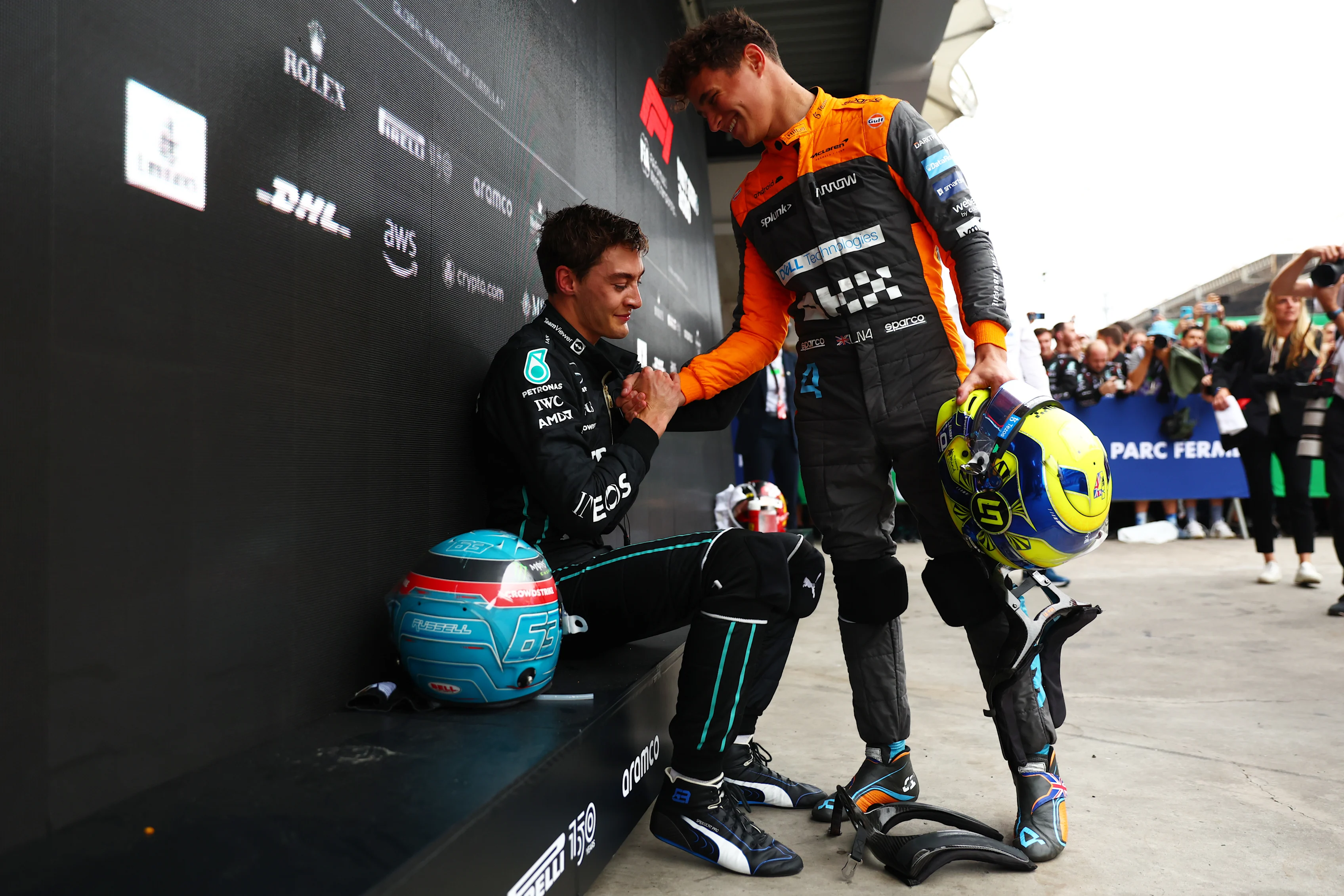 SAO PAULO, BRAZIL - NOVEMBER 13: Race winner George Russell of Great Britain and Mercedes
