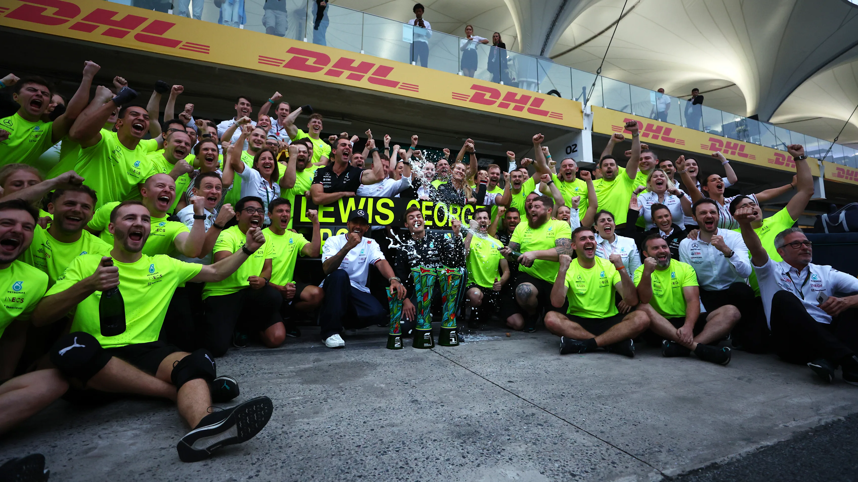 SAO PAULO, BRAZIL - NOVEMBER 13: Race winner George Russell of Great Britain and Mercedes and