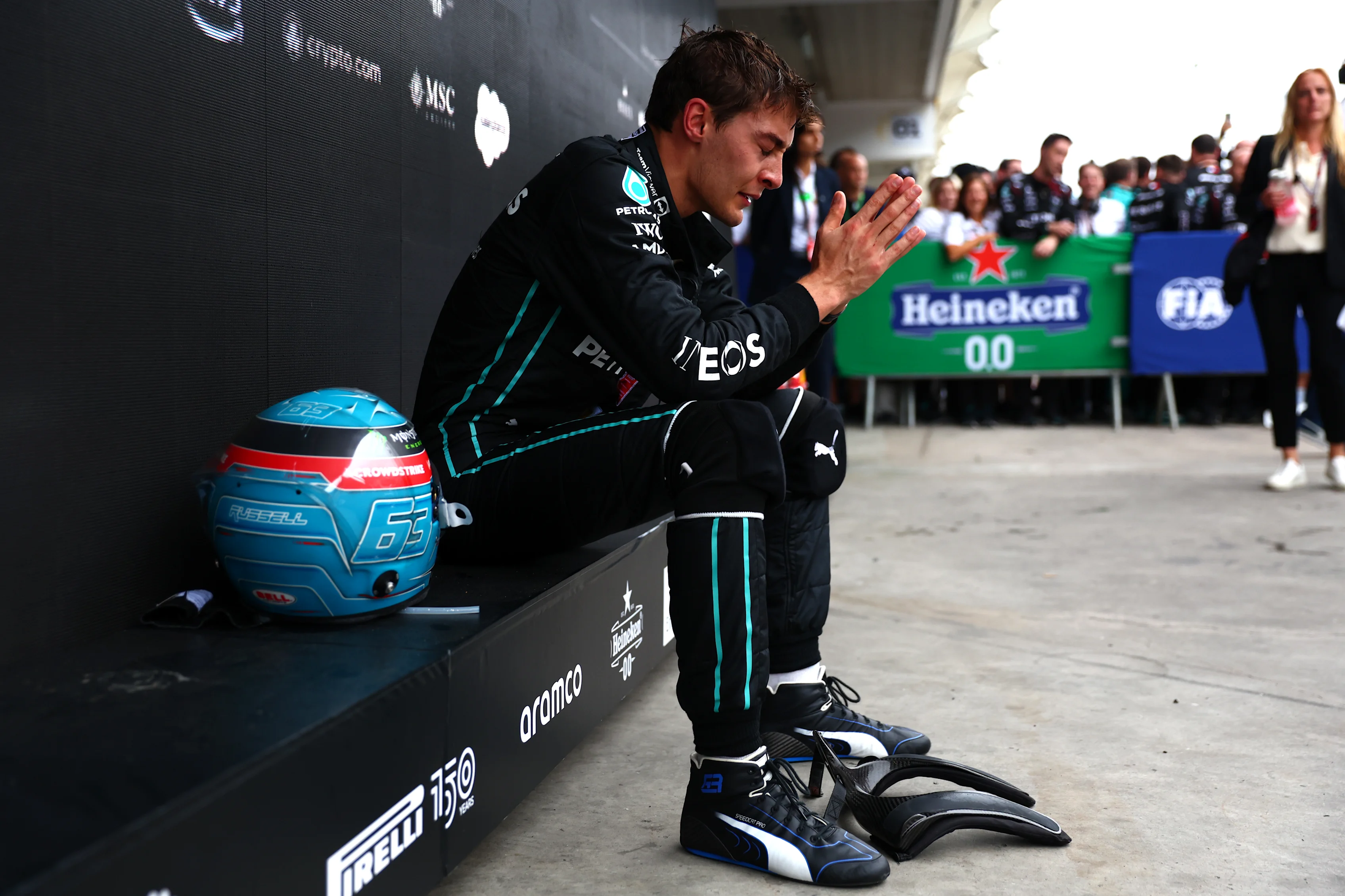 SAO PAULO, BRAZIL - NOVEMBER 13: Race winner George Russell of Great Britain and Mercedes reacts in