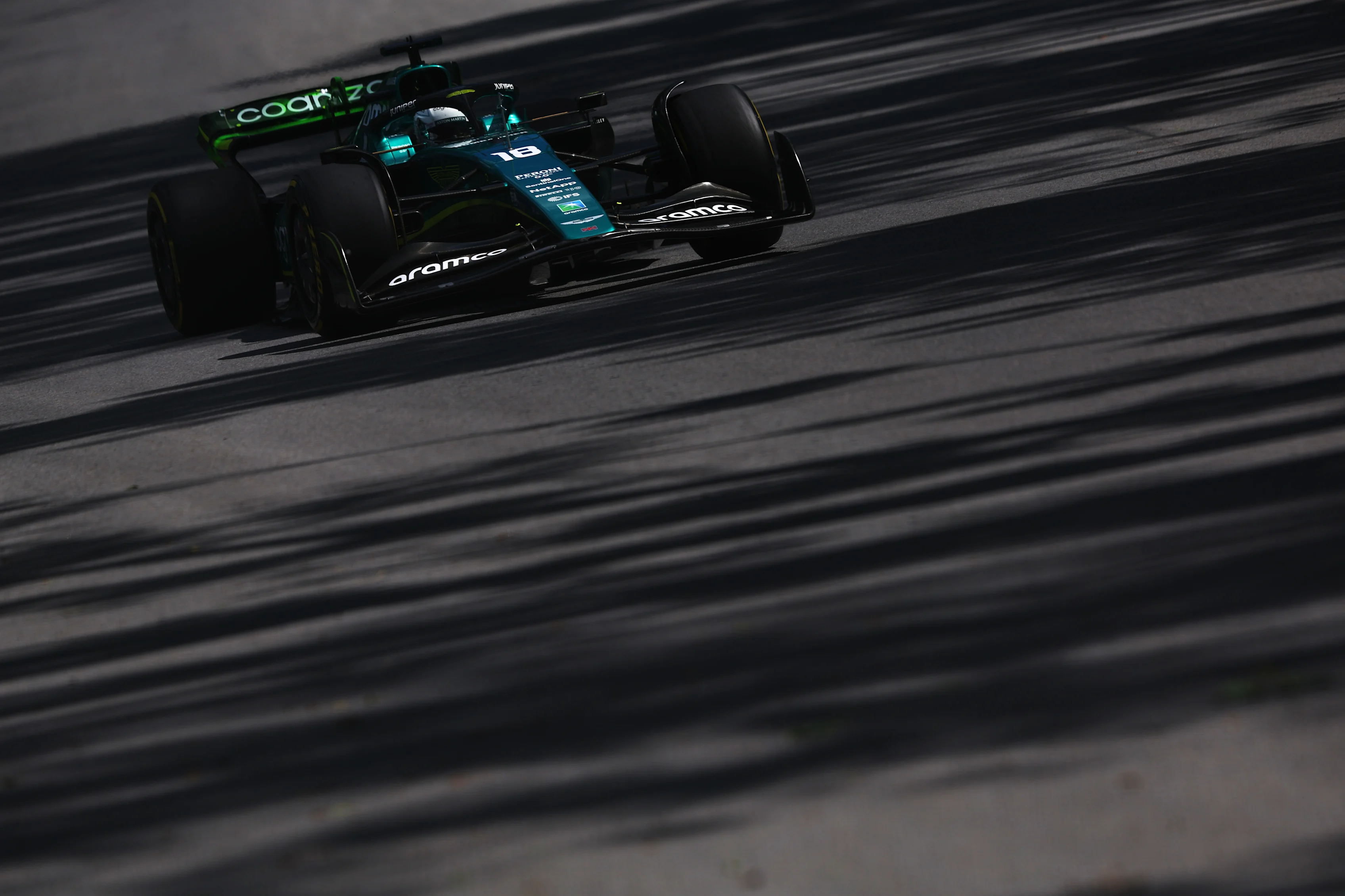 MONTREAL, QUEBEC - JUNE 17: Lance Stroll of Canada driving the (18) Aston Martin AMR22 Mercedes on track during practice ahead of the F1 Grand Prix of Canada at Circuit Gilles Villeneuve on June 17, 2022 in Montreal, Quebec. (Photo by Clive Rose/Getty Images)