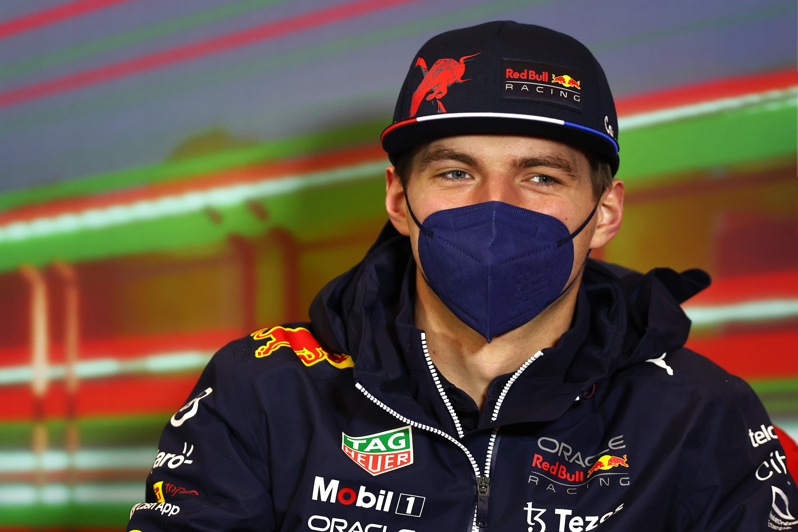 IMOLA, ITALY - APRIL 22: Max Verstappen of the Netherlands and Oracle Red Bull Racing talks in the Drivers Press Conference prior to practice ahead of the F1 Grand Prix of Emilia Romagna at Autodromo Enzo e Dino Ferrari on April 22, 2022 in Imola, Italy. (Photo by Lars Baron/Getty Images)