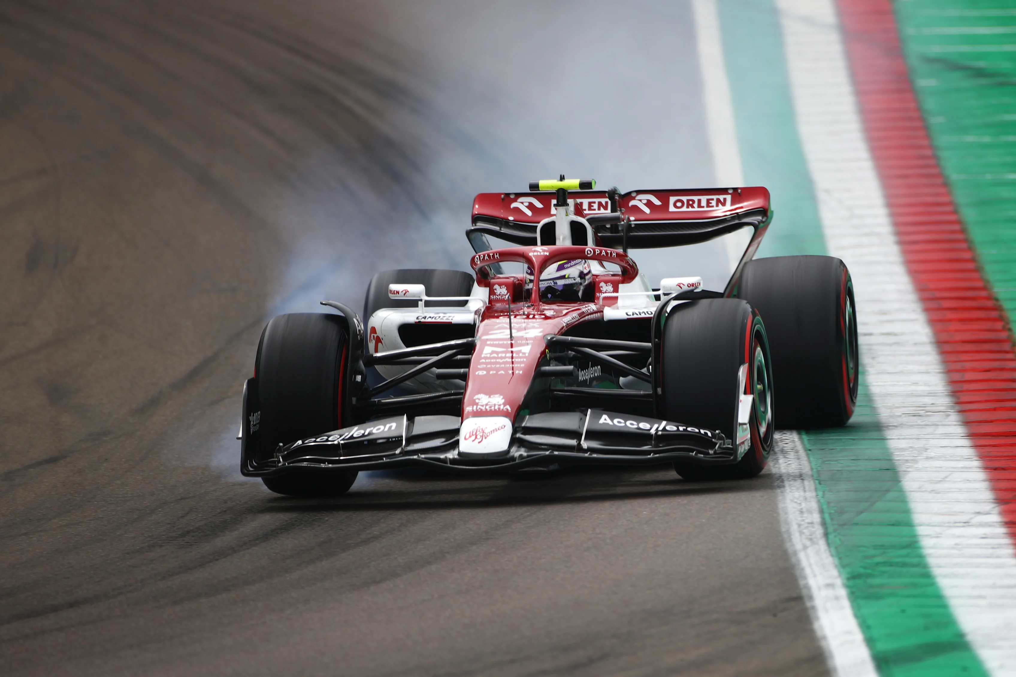 IMOLA, ITALY - APRIL 23: Zhou Guanyu of China driving the (24) Alfa Romeo F1 C42 Ferrari on track during practice ahead of the F1 Grand Prix of Emilia Romagna at Autodromo Enzo e Dino Ferrari on April 23, 2022 in Imola, Italy. (Photo by Joe Portlock - Formula 1/Formula 1 via Getty Images)