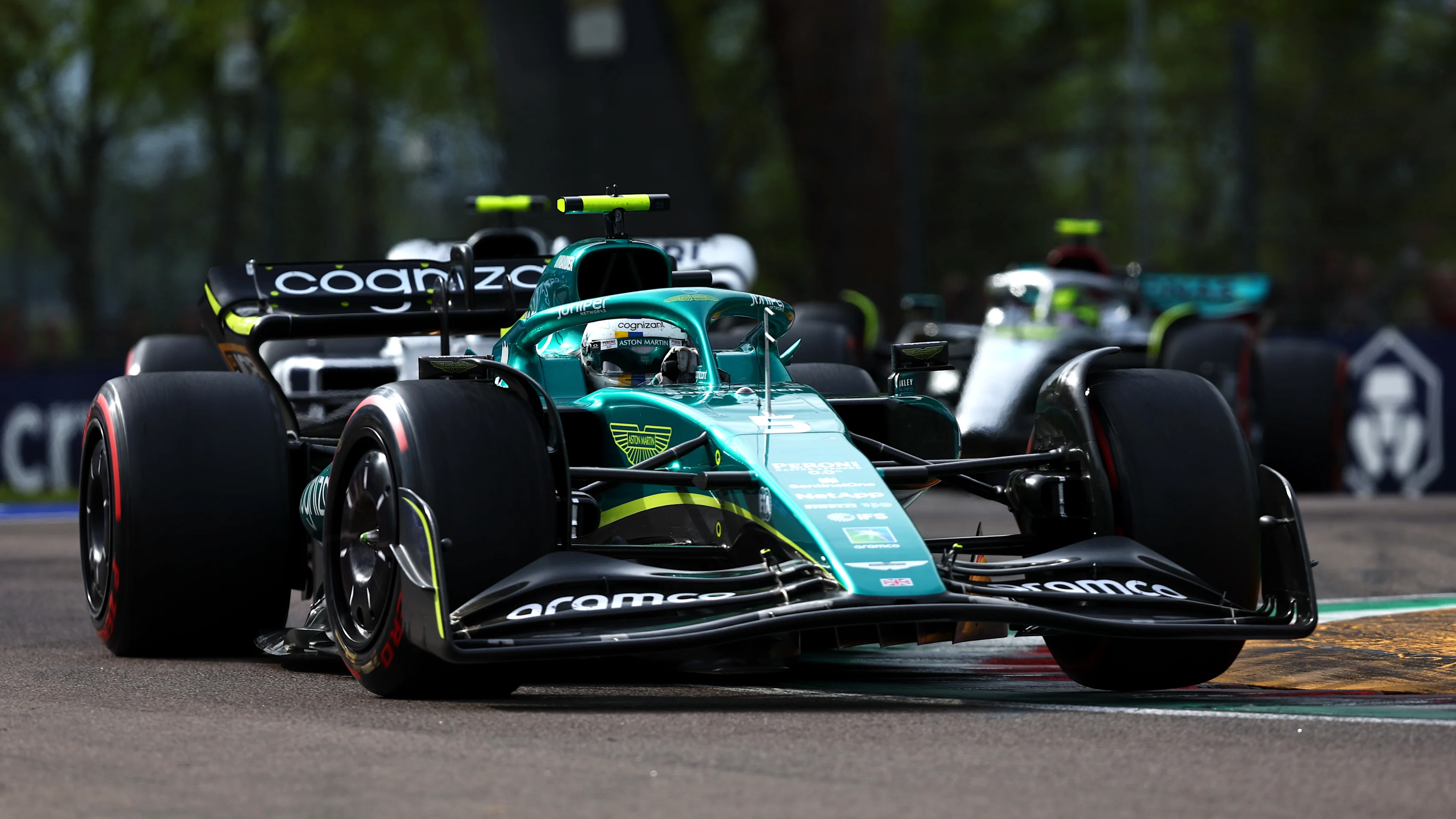 IMOLA, ITALY - APRIL 23: Sebastian Vettel of Germany driving the (5) Aston Martin AMR22 Mercedes on track during Sprint ahead of the F1 Grand Prix of Emilia Romagna at Autodromo Enzo e Dino Ferrari on April 23, 2022 in Imola, Italy. (Photo by Lars Baron - Formula 1/Formula 1 via Getty Images)