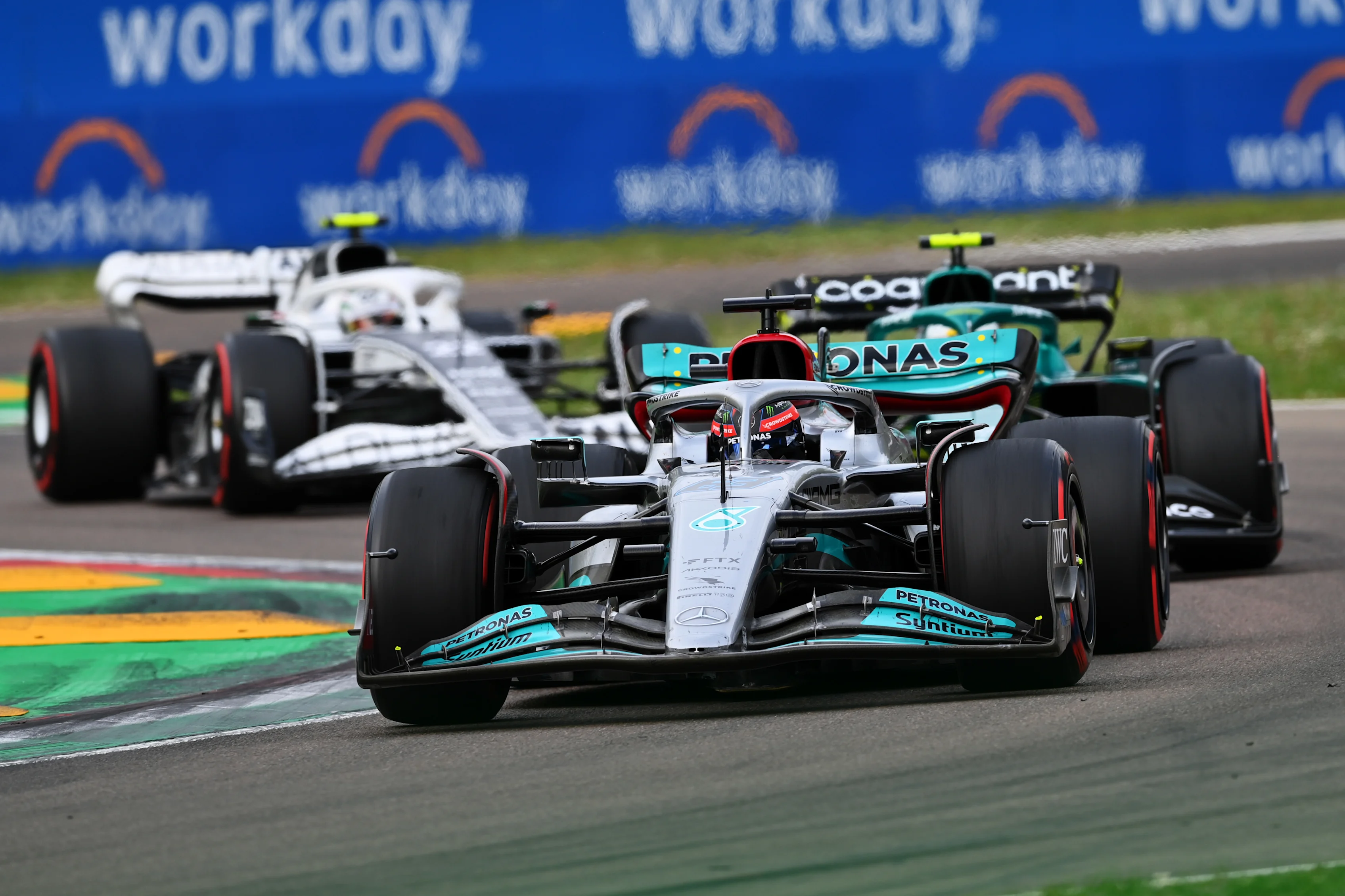 IMOLA, ITALY - APRIL 23: George Russell of Great Britain driving the (63) Mercedes AMG Petronas F1