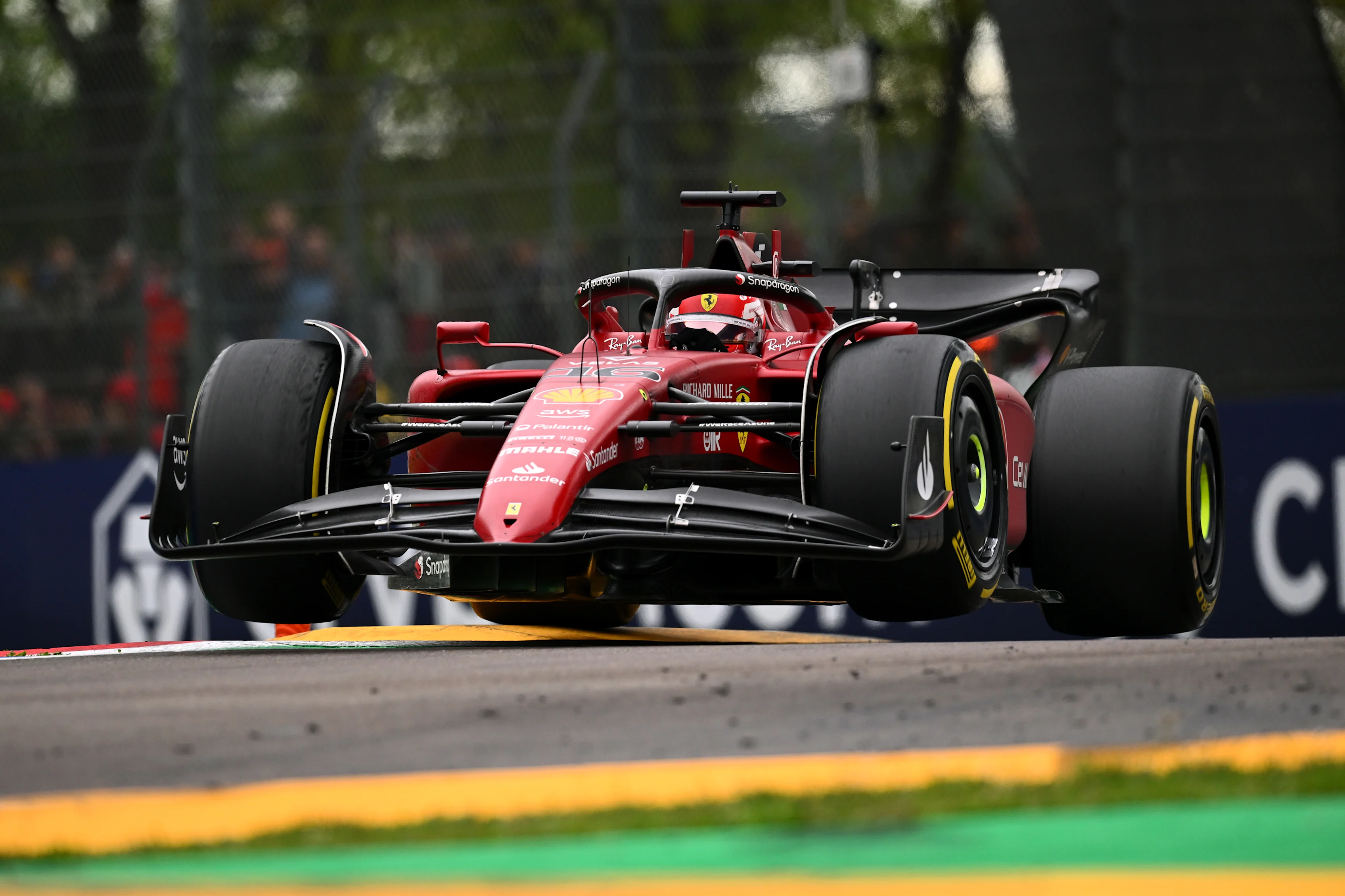 IMOLA, ITALY - APRIL 24: Charles Leclerc of Monaco driving (16) the Ferrari F1-75 with both front wheels in the air during the F1 Grand Prix of Emilia Romagna at Autodromo Enzo e Dino Ferrari on April 24, 2022 in Imola, Italy. (Photo by Clive Mason/Getty Images)