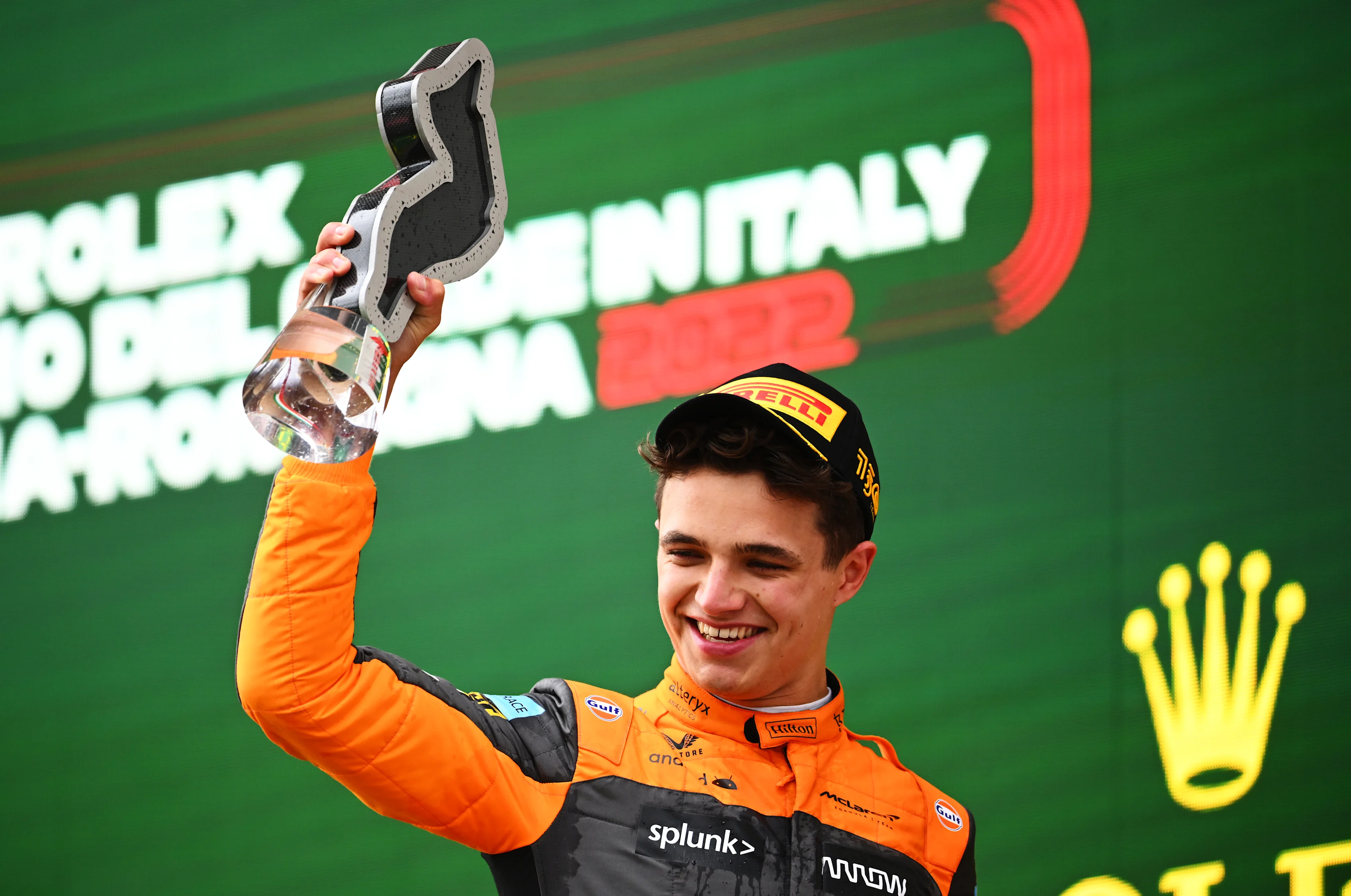 IMOLA, ITALY - APRIL 24: Third placed Lando Norris of Great Britain and McLaren celebrates on the