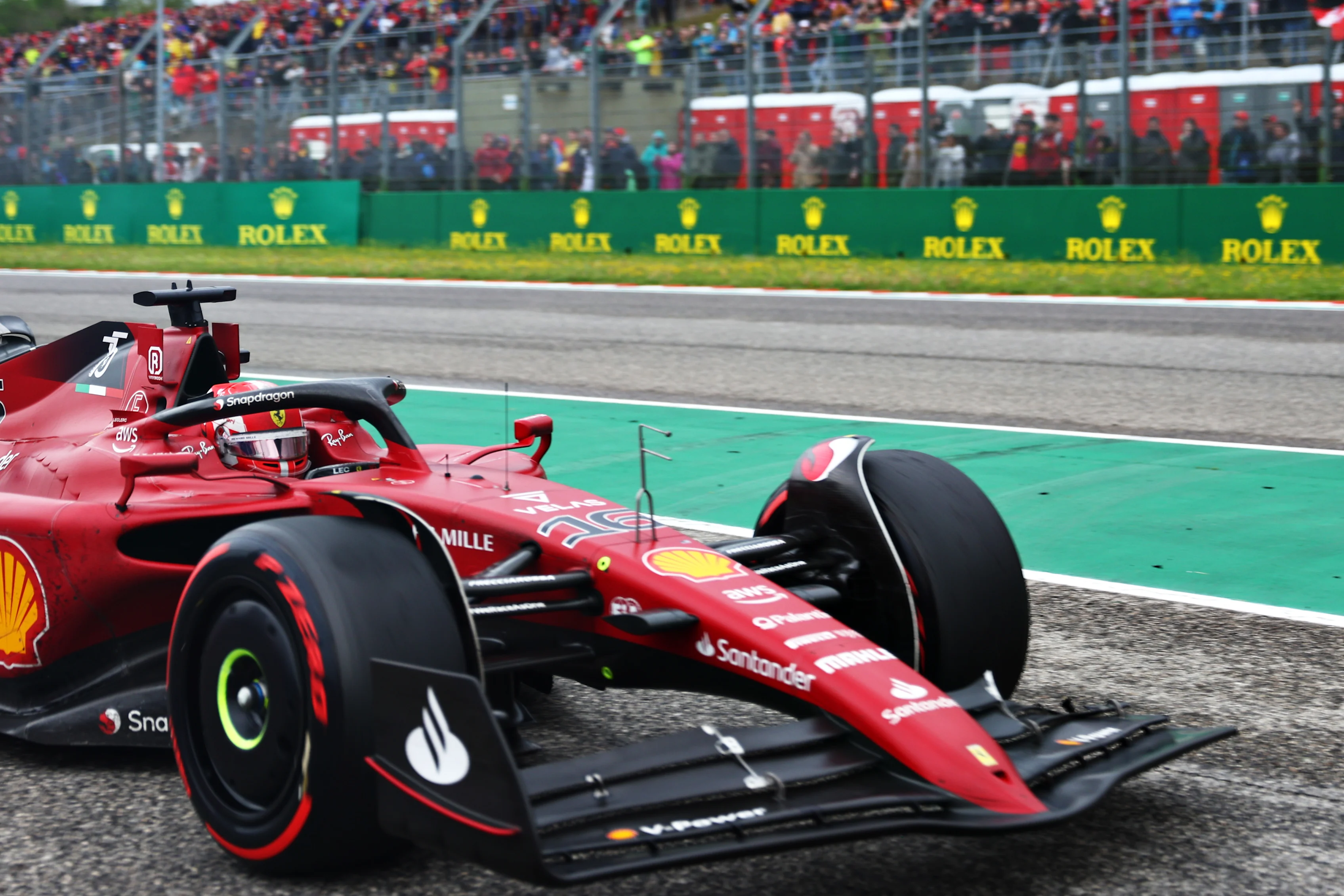 IMOLA, ITALY - APRIL 24: Charles Leclerc of Monaco driving (16) the Ferrari F1-75 enters the pits