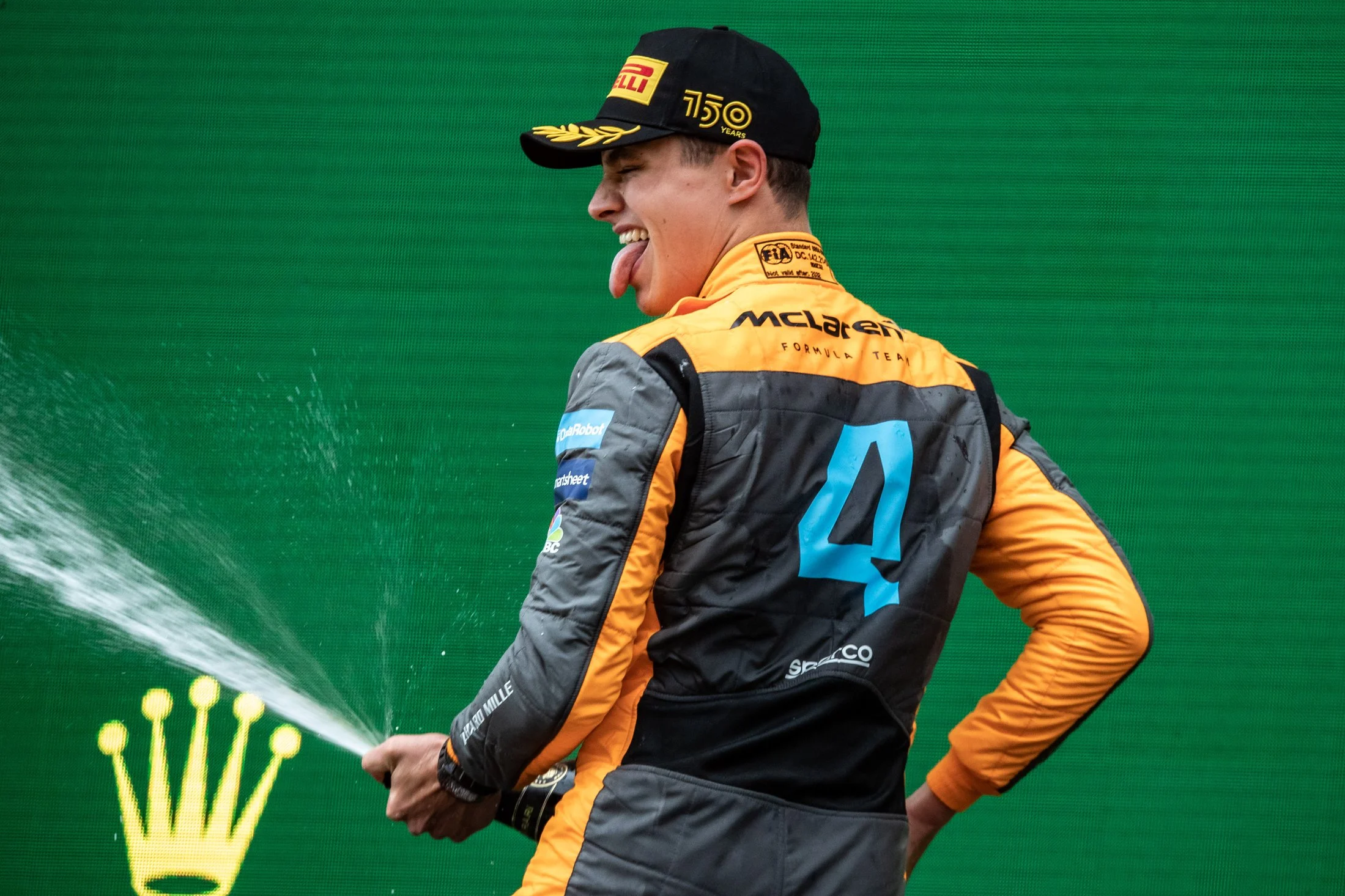 IMOLA, ITALY - APRIL 24: Lando Norris (GBR) McLaren F1 Team, MCL35M, Mercedes engine celebrate on