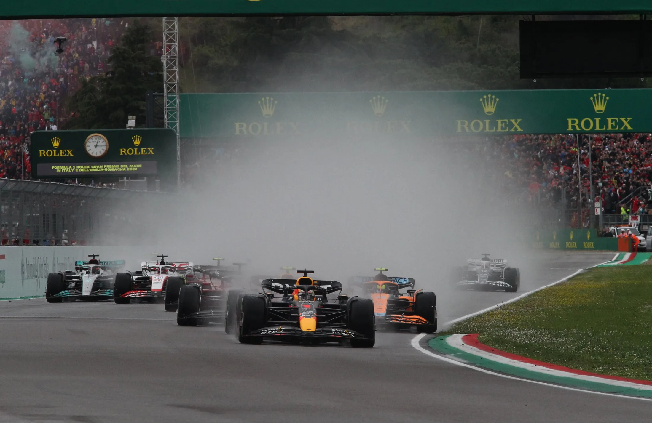 IMOLA, ITALY - APRIL 24: Start of the Grand Prix in the wet, in the lead is Max Verstappen (NDL)