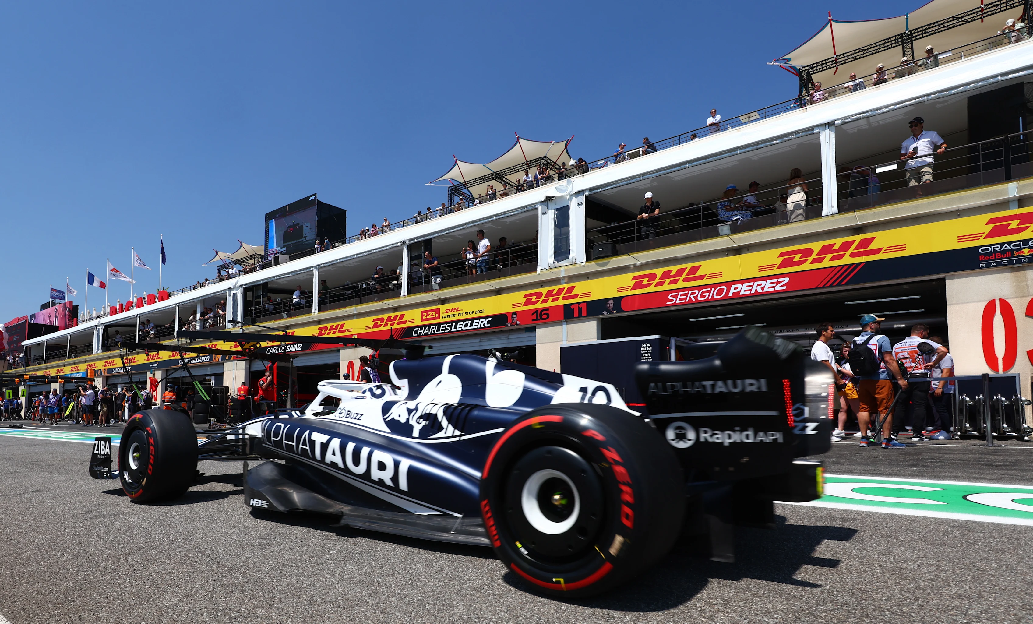 LE CASTELLET, FRANCE - JULY 22: Pierre Gasly of France driving the (10) Scuderia AlphaTauri AT03 in the Pitlane during practice ahead of the F1 Grand Prix of France at Circuit Paul Ricard on July 22, 2022 in Le Castellet, France. (Photo by Mark Thompson/Getty Images)