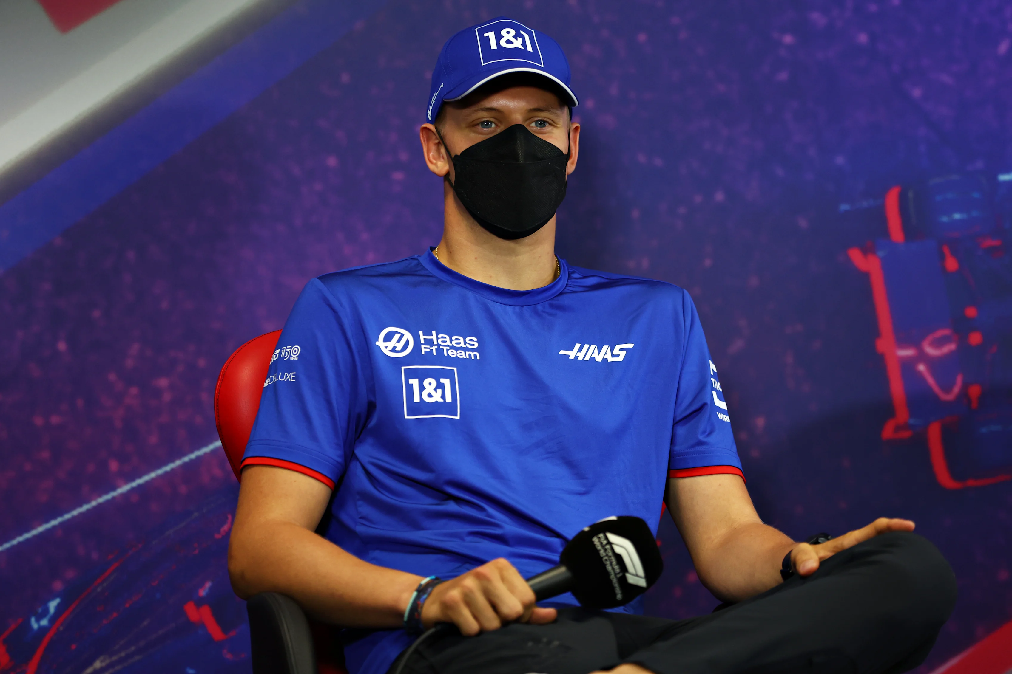 LE CASTELLET, FRANCE - JULY 21: Mick Schumacher of Germany and Haas F1 talks in the Drivers Press Conference during previews ahead of the F1 Grand Prix of France at Circuit Paul Ricard on July 21, 2022 in Le Castellet, France. (Photo by Bryn Lennon/Getty Images)