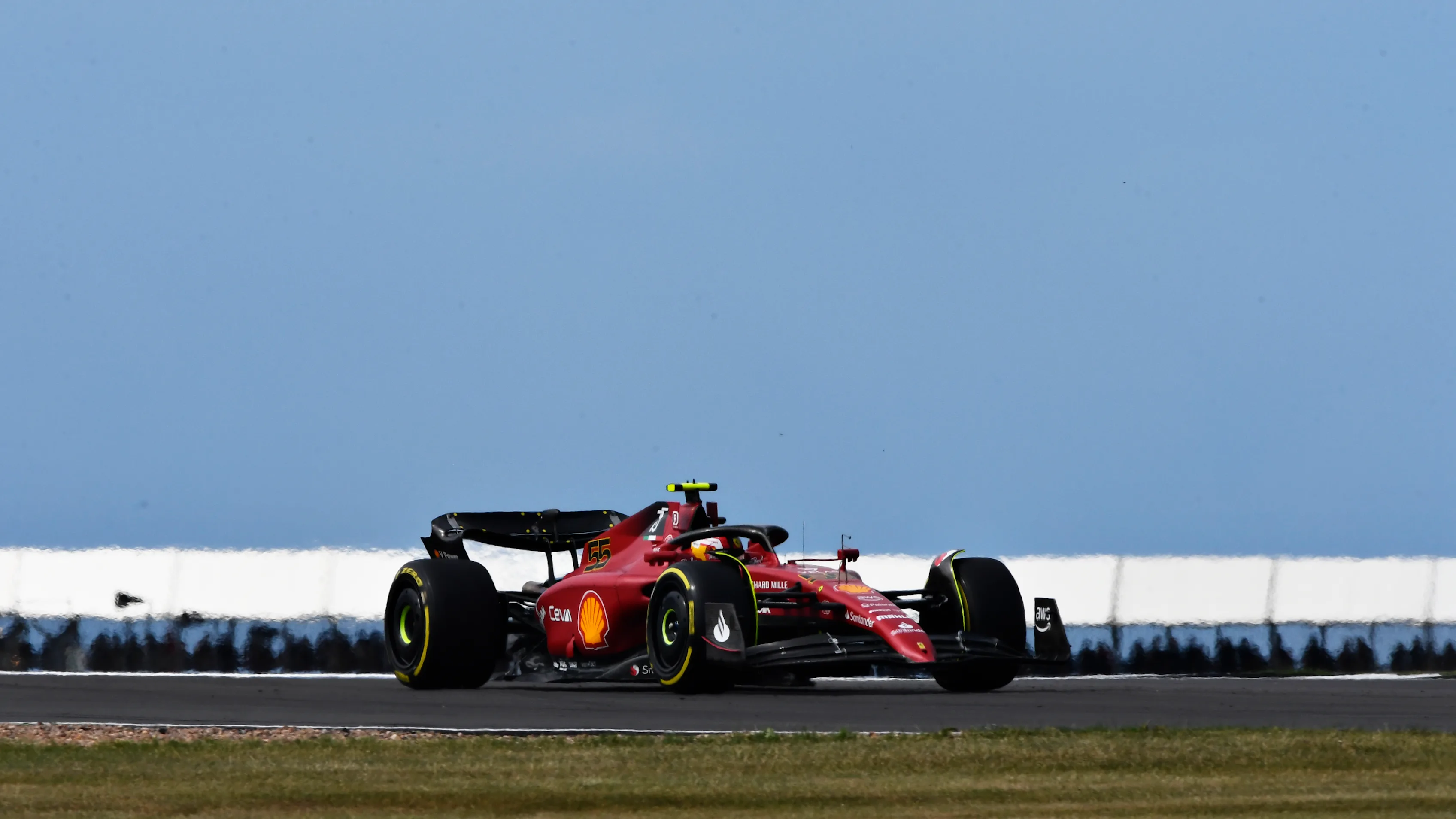 NORTHAMPTON, ENGLAND - JULY 01: Carlos Sainz of Spain driving (55) the Ferrari F1-75 on track