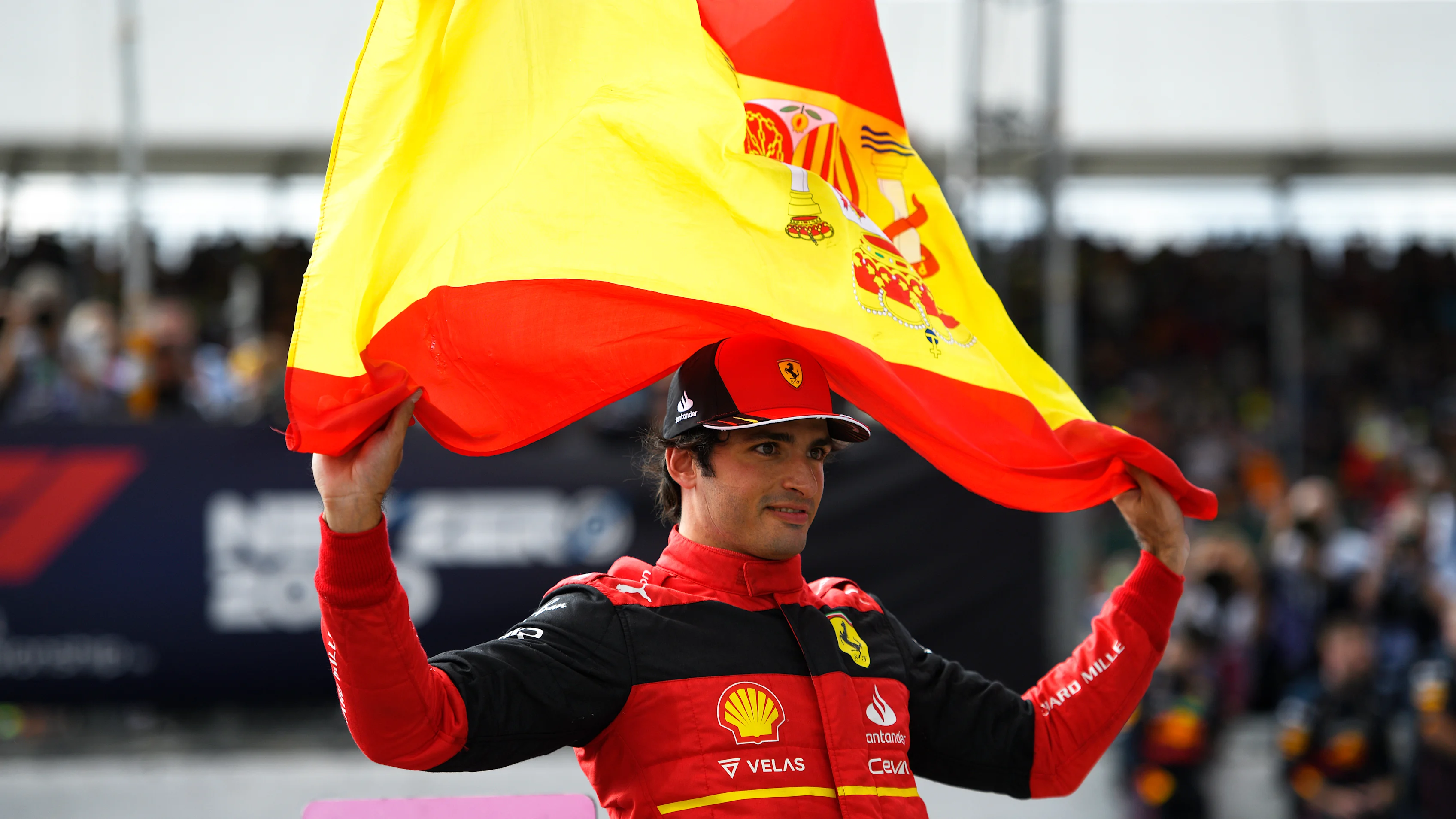 NORTHAMPTON, ENGLAND - JULY 03: Race winner Carlos Sainz of Spain and Ferrari celebrates in parc