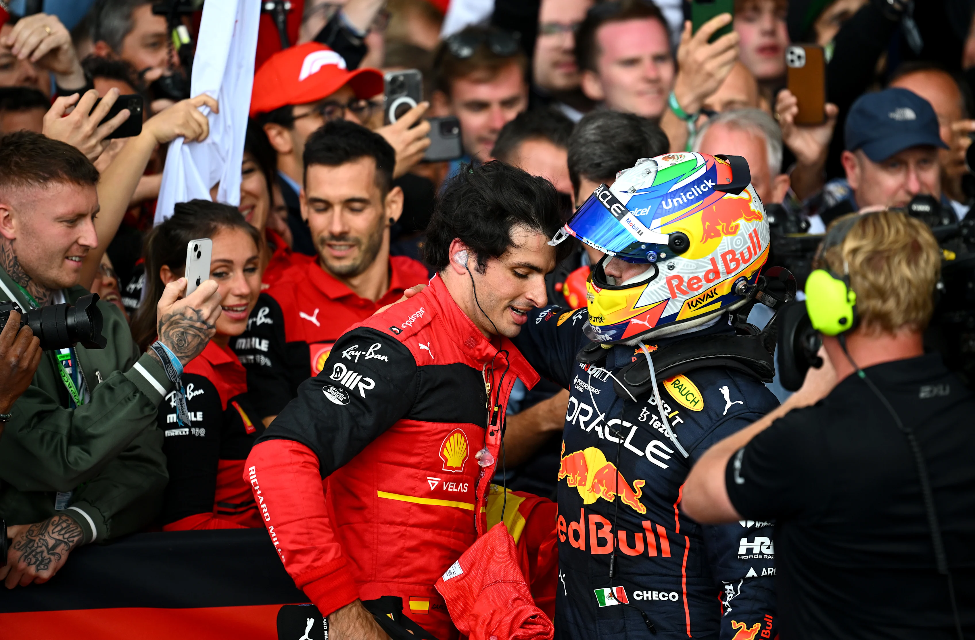 NORTHAMPTON, ENGLAND - JULY 03: Second placed Sergio Perez of Mexico and Oracle Red Bull Racing