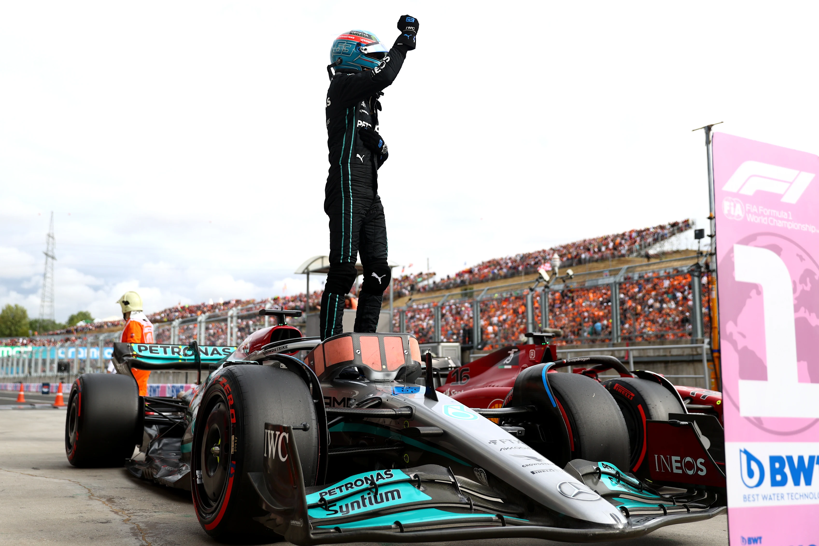 BUDAPEST, HUNGARY - JULY 30: Pole position qualifier George Russell of Great Britain and Mercedes