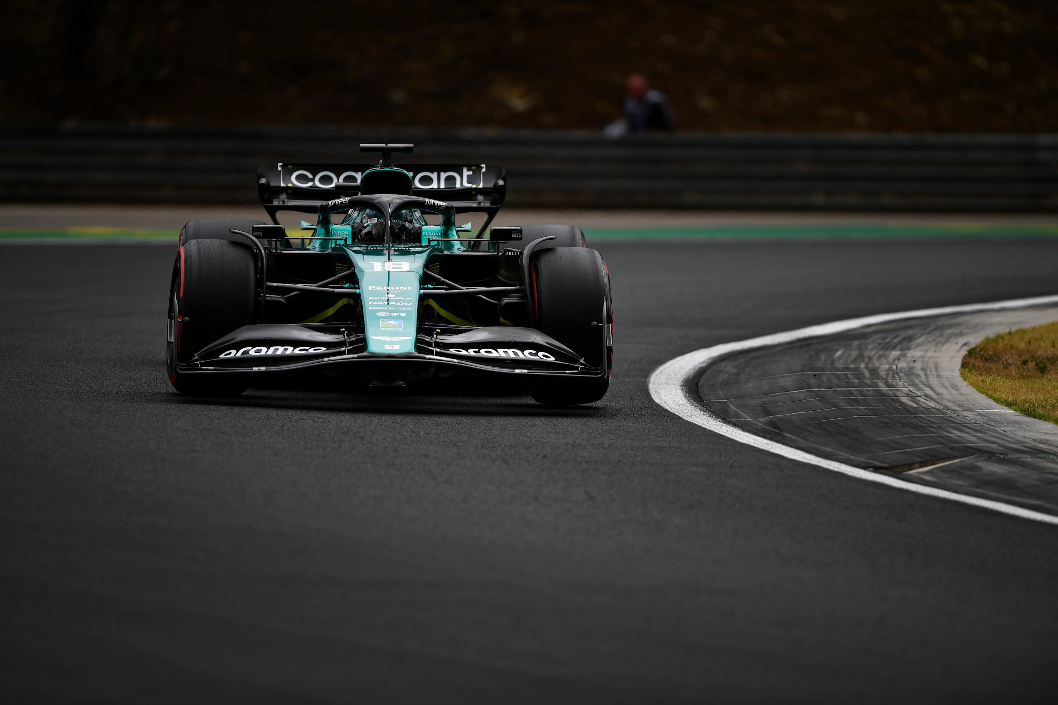 BUDAPEST, HUNGARY - JULY 30: Lance Stroll of Canada driving the (18) Aston Martin AMR22 Mercedes on track during qualifying ahead of the F1 Grand Prix of Hungary at Hungaroring on July 30, 2022 in Budapest, Hungary. (Photo by Rudy Carezzevoli - Formula 1/Formula 1 via Getty Images)