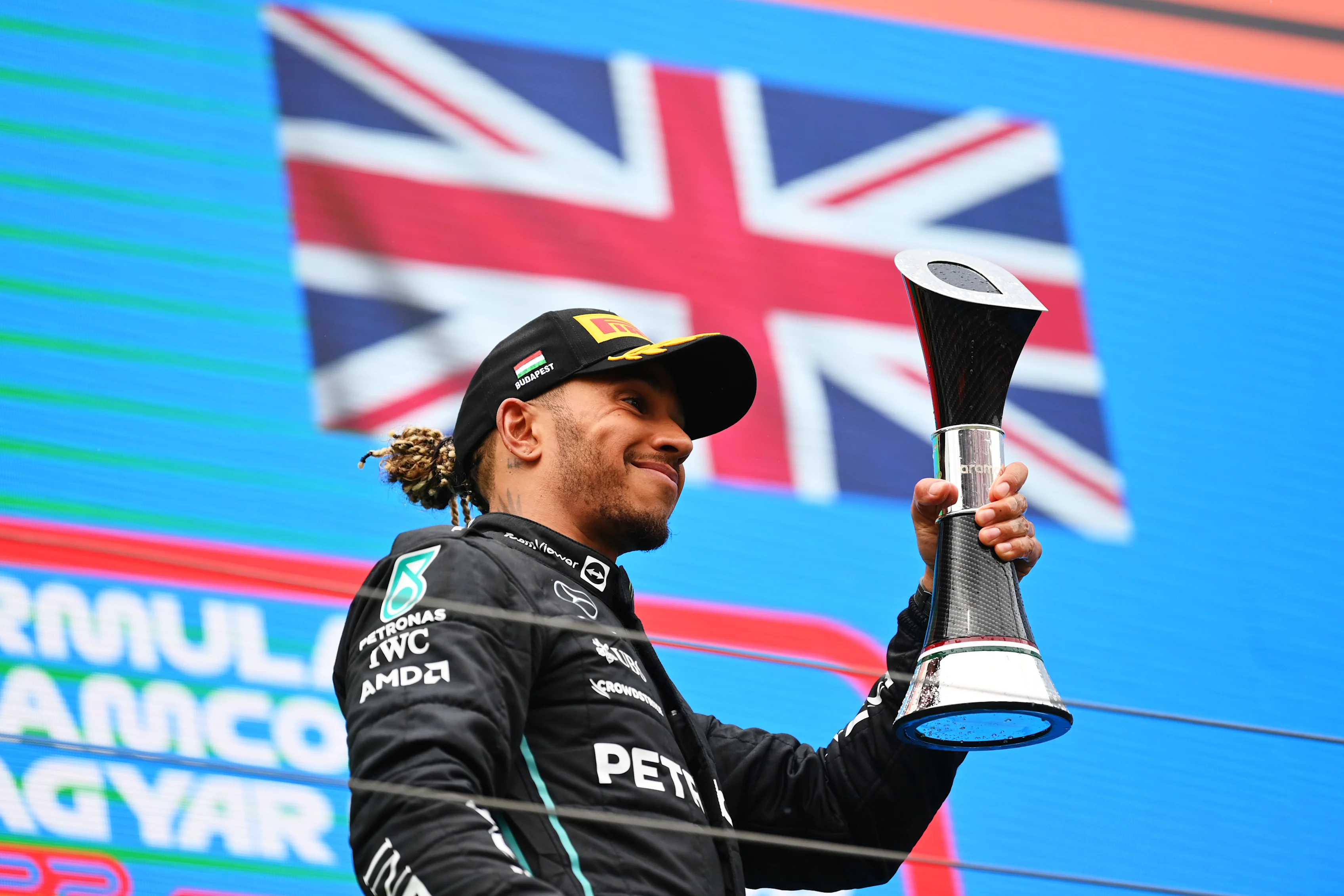 BUDAPEST, HUNGARY - JULY 31: Second placed Lewis Hamilton of Great Britain and Mercedes celebrates