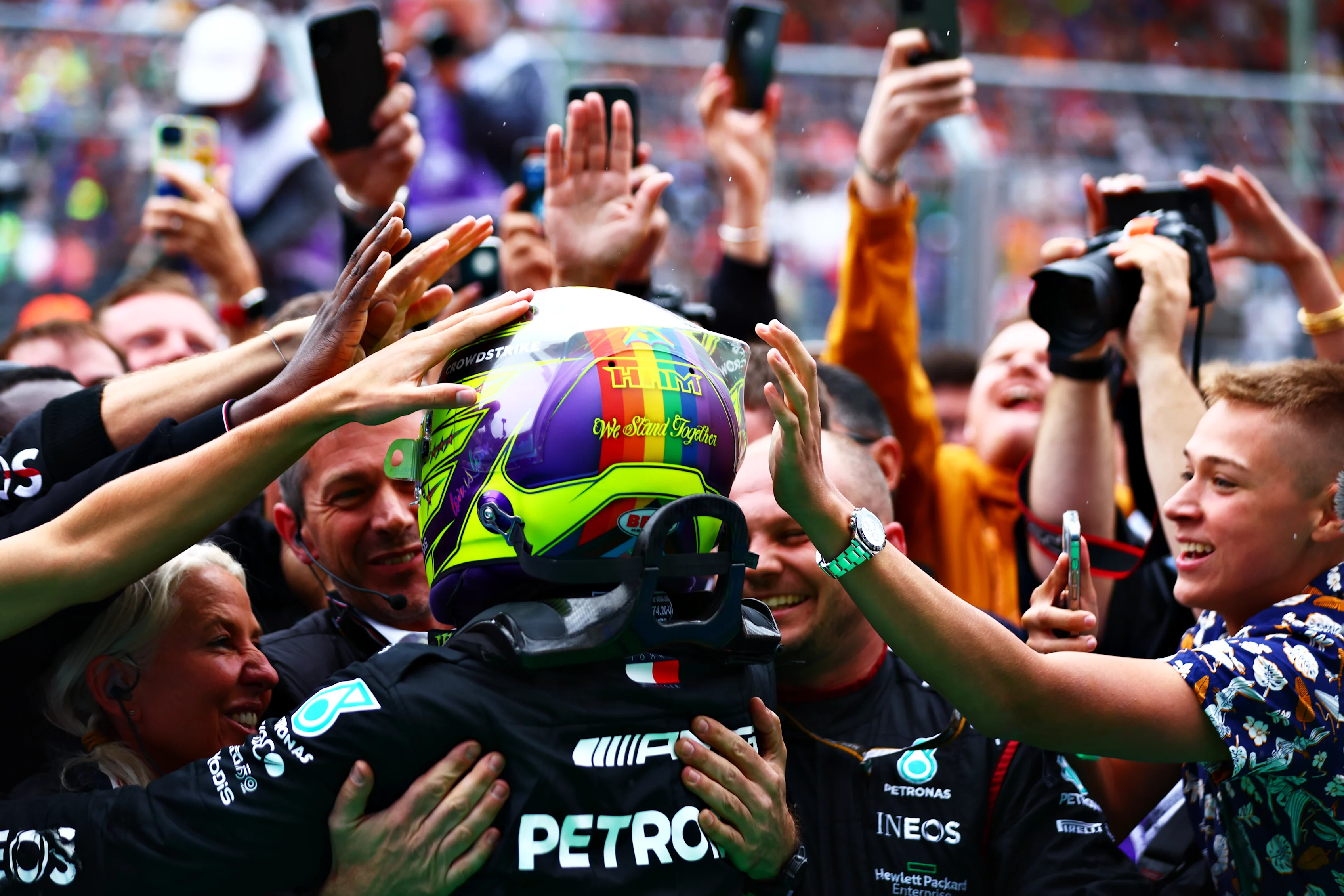 BUDAPEST, HUNGARY - JULY 31: Second placed Lewis Hamilton of Great Britain and Mercedes celebrates