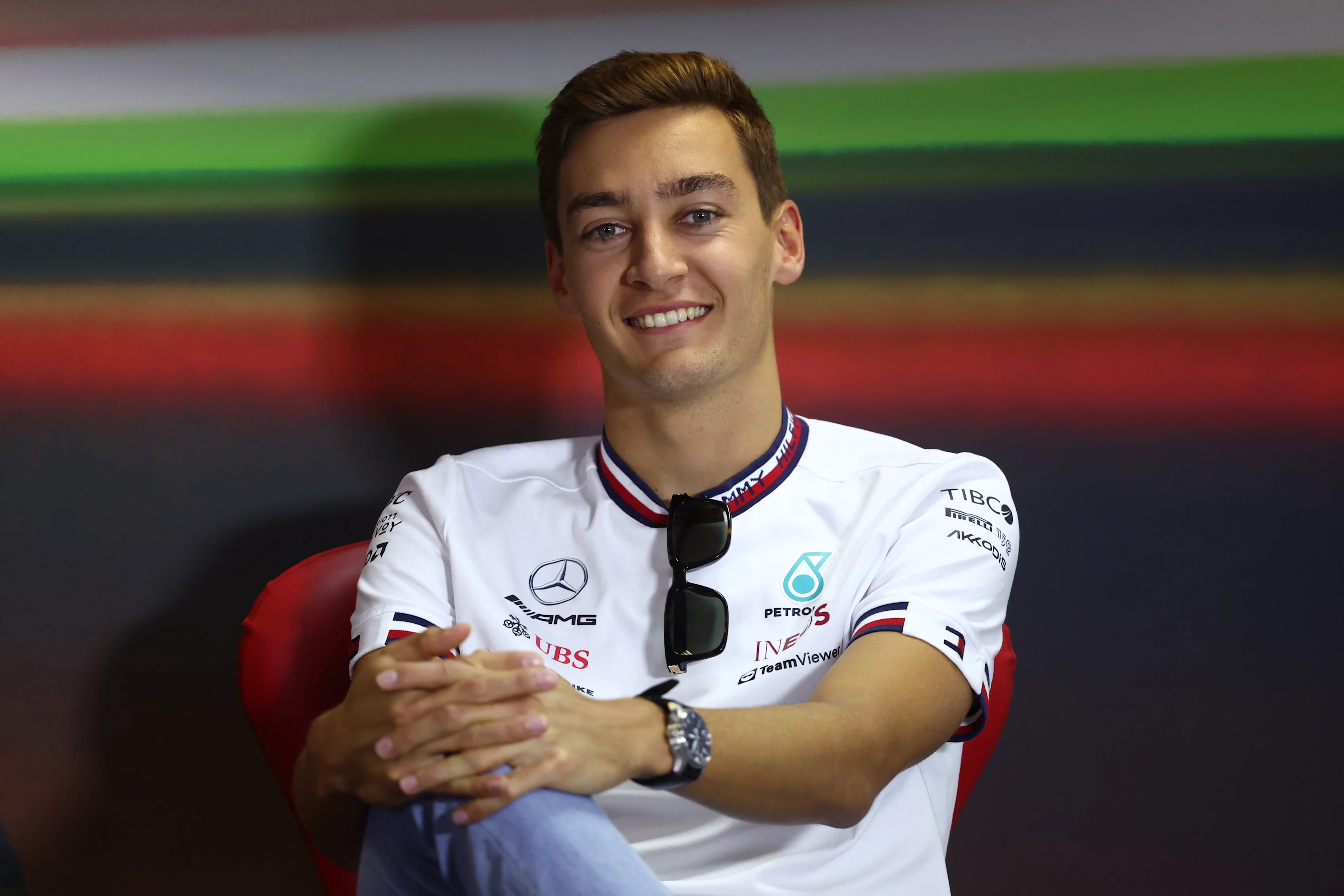 BUDAPEST, HUNGARY - JULY 28: George Russell of Great Britain and Mercedes looks on in the Drivers Press Conference during previews ahead of the F1 Grand Prix of Hungary at Hungaroring on July 28, 2022 in Budapest, Hungary. (Photo by Bryn Lennon/Getty Images)