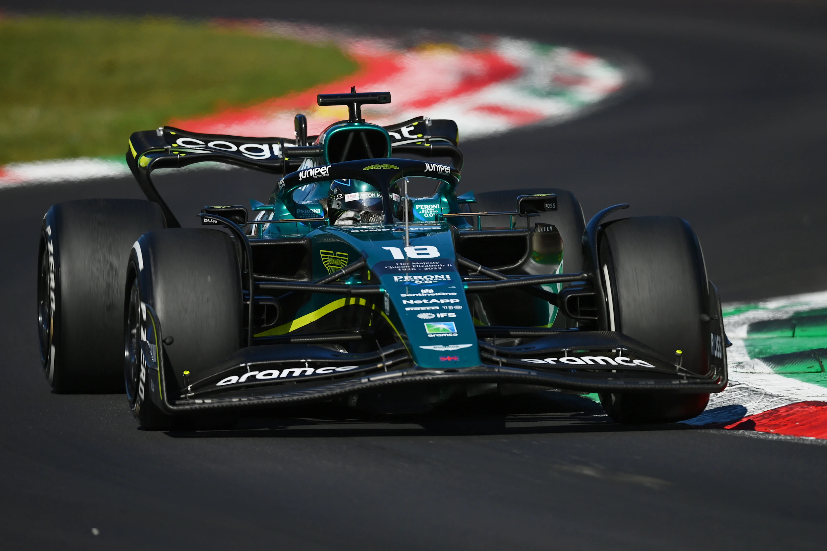 MONZA, ITALY - SEPTEMBER 11: Lance Stroll of Canada driving the (18) Aston Martin AMR22 Mercedes on
