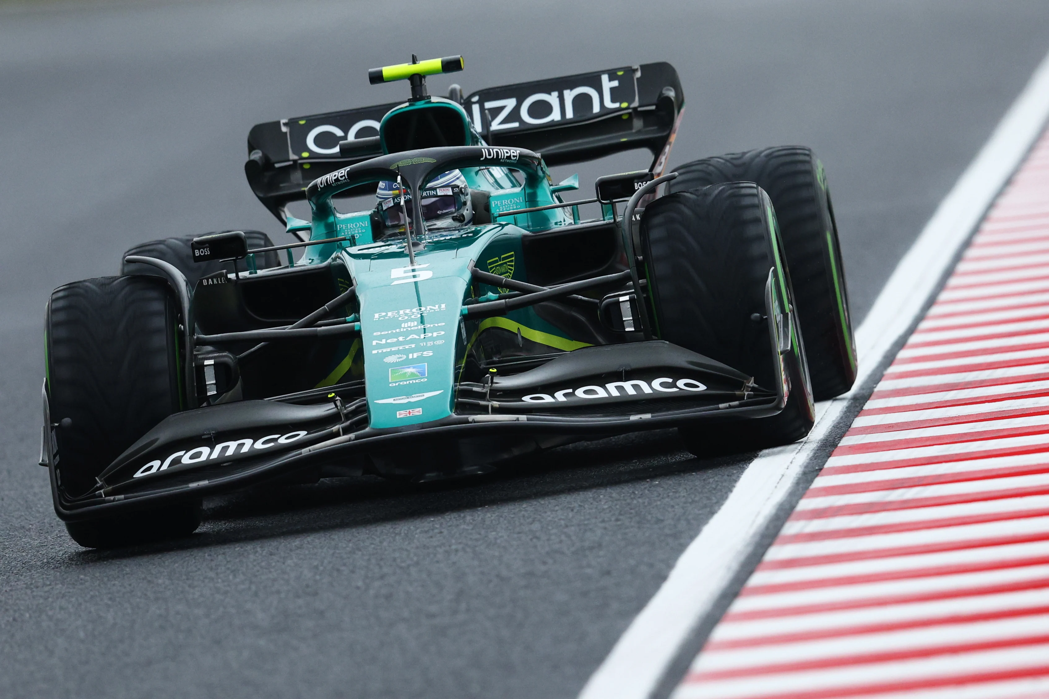 SUZUKA, JAPAN - OCTOBER 07: Sebastian Vettel of Germany driving the (5) Aston Martin AMR22 Mercedes on track during practice ahead of the F1 Grand Prix of Japan at Suzuka International Racing Course on October 07, 2022 in Suzuka, Japan. (Photo by Clive Rose/Getty Images)