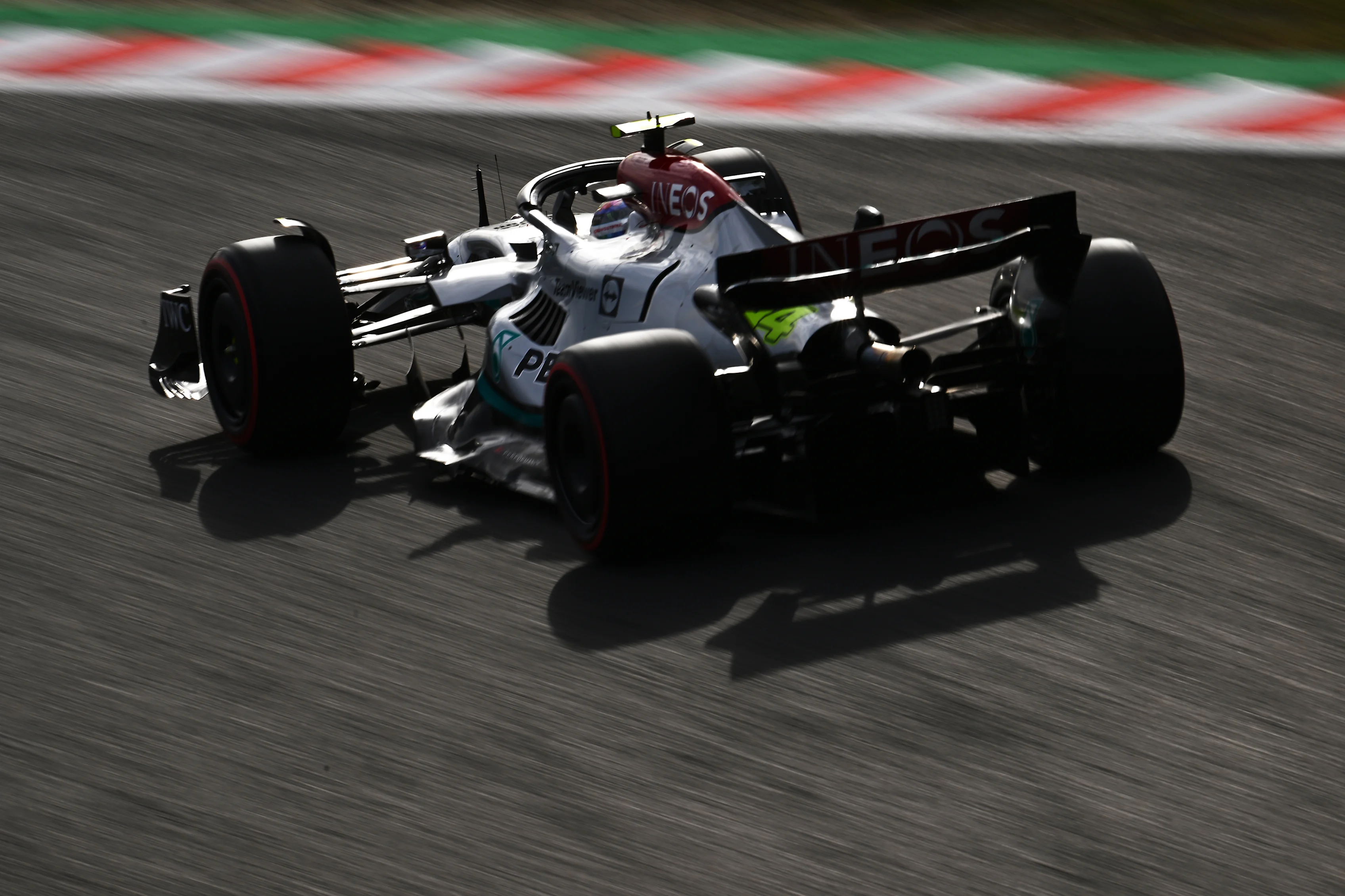 SUZUKA, JAPAN - OCTOBER 08: Lewis Hamilton of Great Britain driving the (44) Mercedes AMG Petronas F1 Team W13 on track during qualifying ahead of the F1 Grand Prix of Japan at Suzuka International Racing Course on October 08, 2022 in Suzuka, Japan. (Photo by Clive Mason/Getty Images)