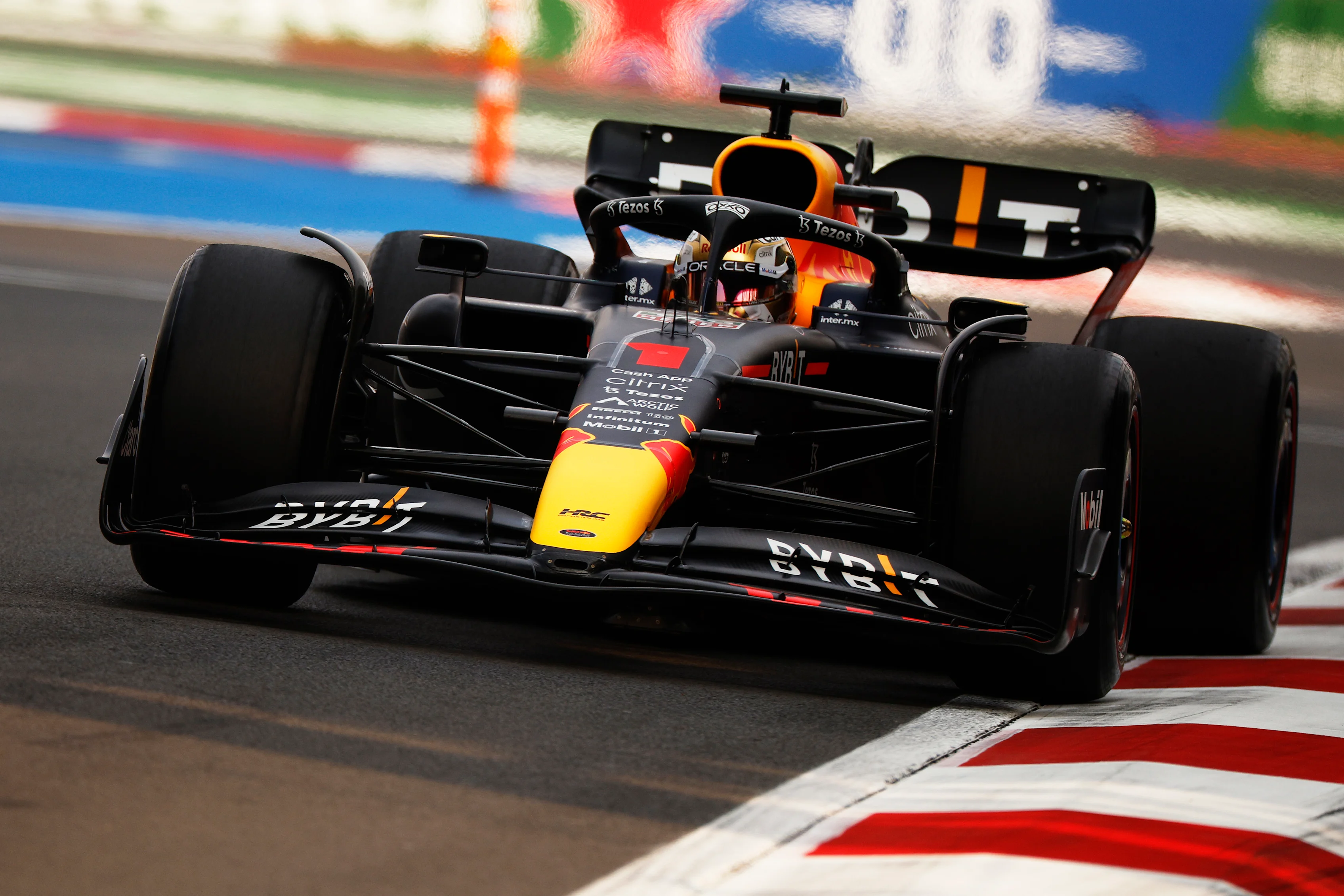 MEXICO CITY, MEXICO - OCTOBER 28: Max Verstappen of the Netherlands driving the (1) Oracle Red Bull Racing RB18 on track during practice ahead of the F1 Grand Prix of Mexico at Autodromo Hermanos Rodriguez on October 28, 2022 in Mexico City, Mexico. (Photo by Chris Graythen/Getty Images)