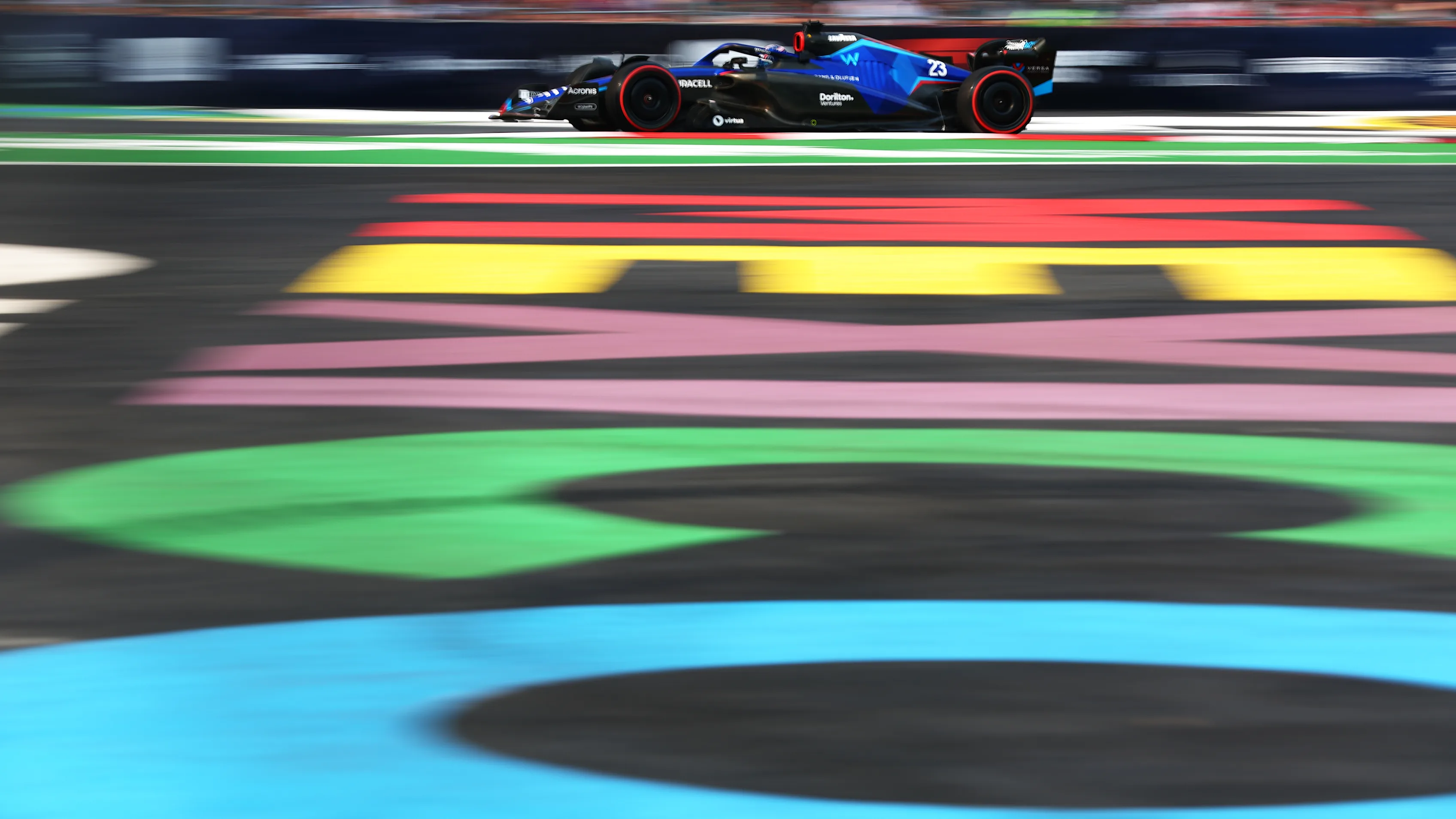MEXICO CITY, MEXICO - OCTOBER 28: Alexander Albon of Thailand driving the (23) Williams FW44 Mercedes on track during practice ahead of the F1 Grand Prix of Mexico at Autodromo Hermanos Rodriguez on October 28, 2022 in Mexico City, Mexico. (Photo by Dan Istitene - Formula 1/Formula 1 via Getty Images)