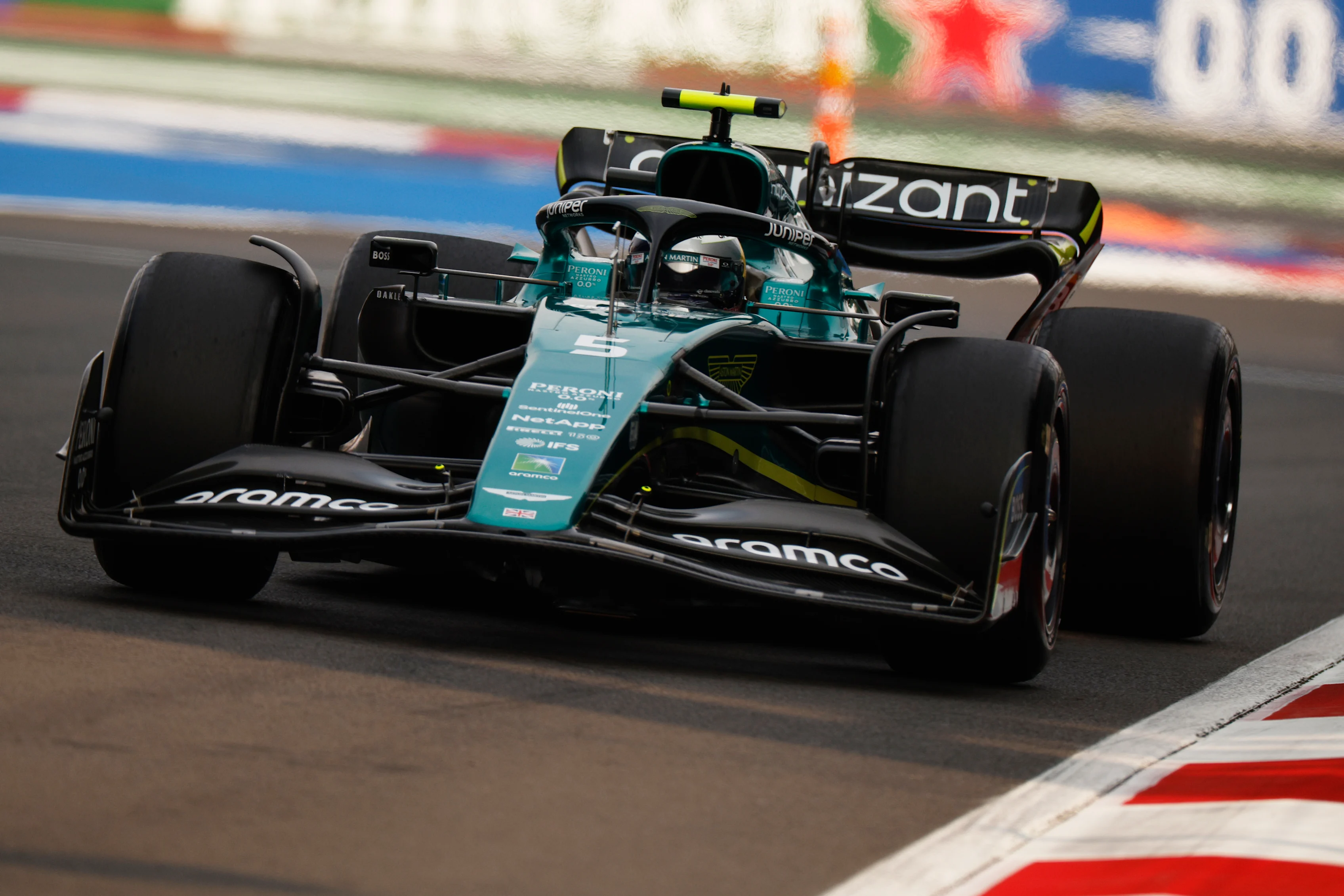 MEXICO CITY, MEXICO - OCTOBER 28: Sebastian Vettel of Germany driving the (5) Aston Martin AMR22 Mercedes on track during practice ahead of the F1 Grand Prix of Mexico at Autodromo Hermanos Rodriguez on October 28, 2022 in Mexico City, Mexico. (Photo by Chris Graythen/Getty Images)