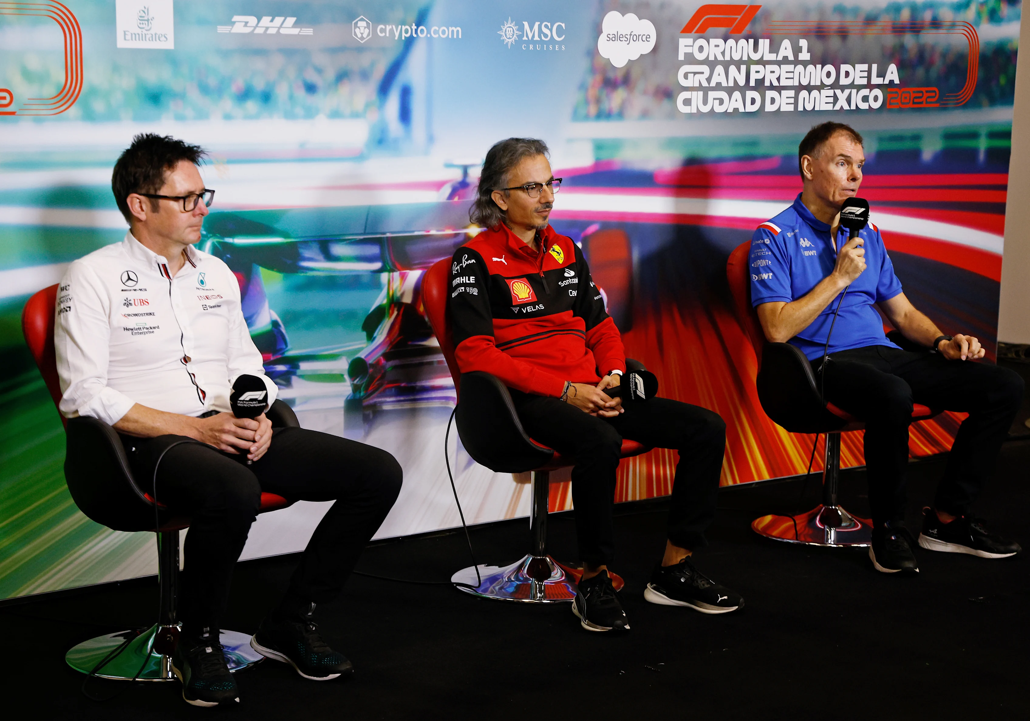 MEXICO CITY, MEXICO - OCTOBER 29: (L-R) Andrew Shovlin, Trackside Engineering Director of Mercedes