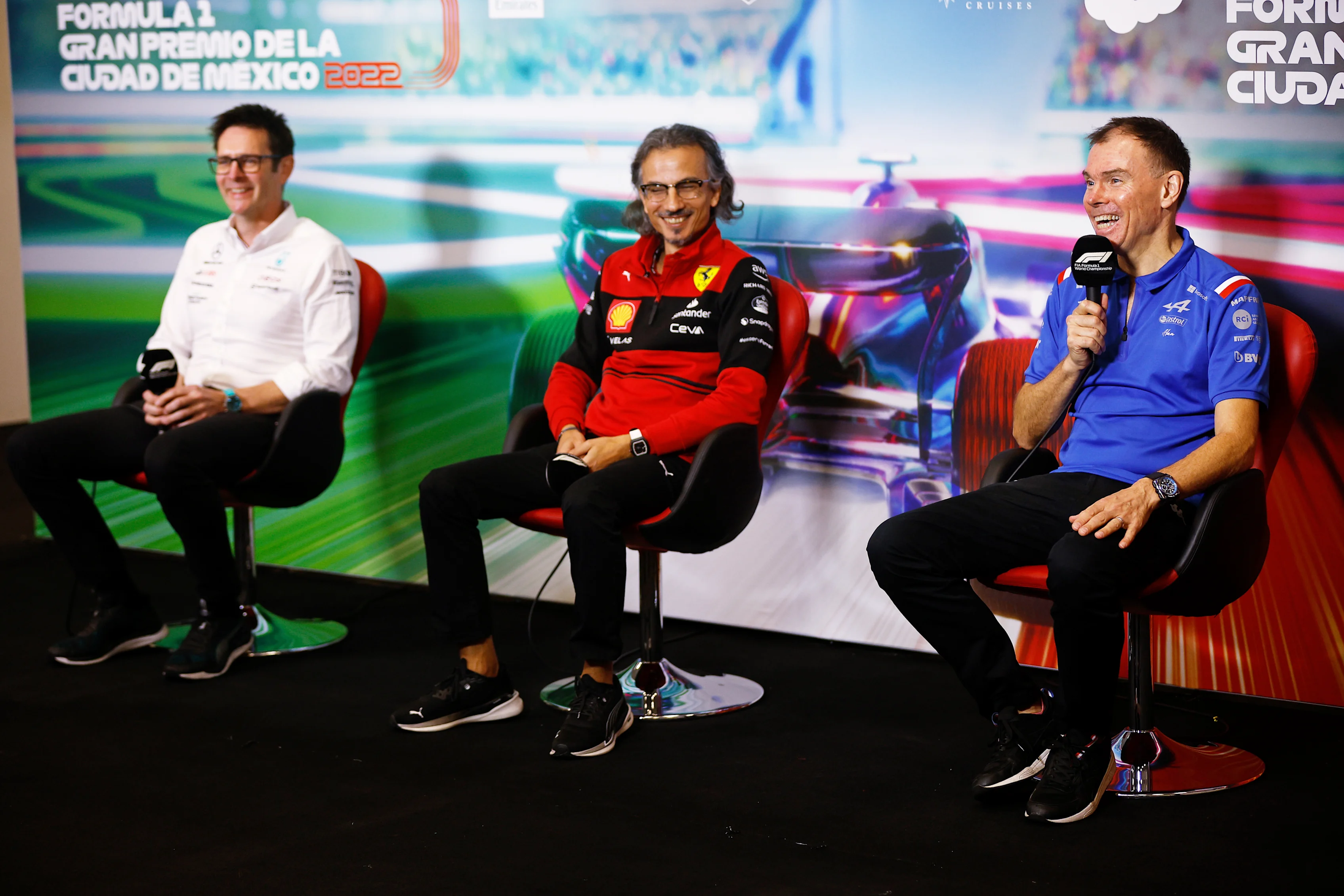 MEXICO CITY, MEXICO - OCTOBER 29: (L-R) Andrew Shovlin, Trackside Engineering Director of Mercedes GP, Laurent Mekies, Scuderia Ferrari Sporting Director and Alan Permane, Sporting Director at Alpine F1 attend the Team Principals Press Conference prior to final practice ahead of the F1 Grand Prix of Mexico at Autodromo Hermanos Rodriguez on October 29, 2022 in Mexico City, Mexico. (Photo by Chris Graythen/Getty Images)