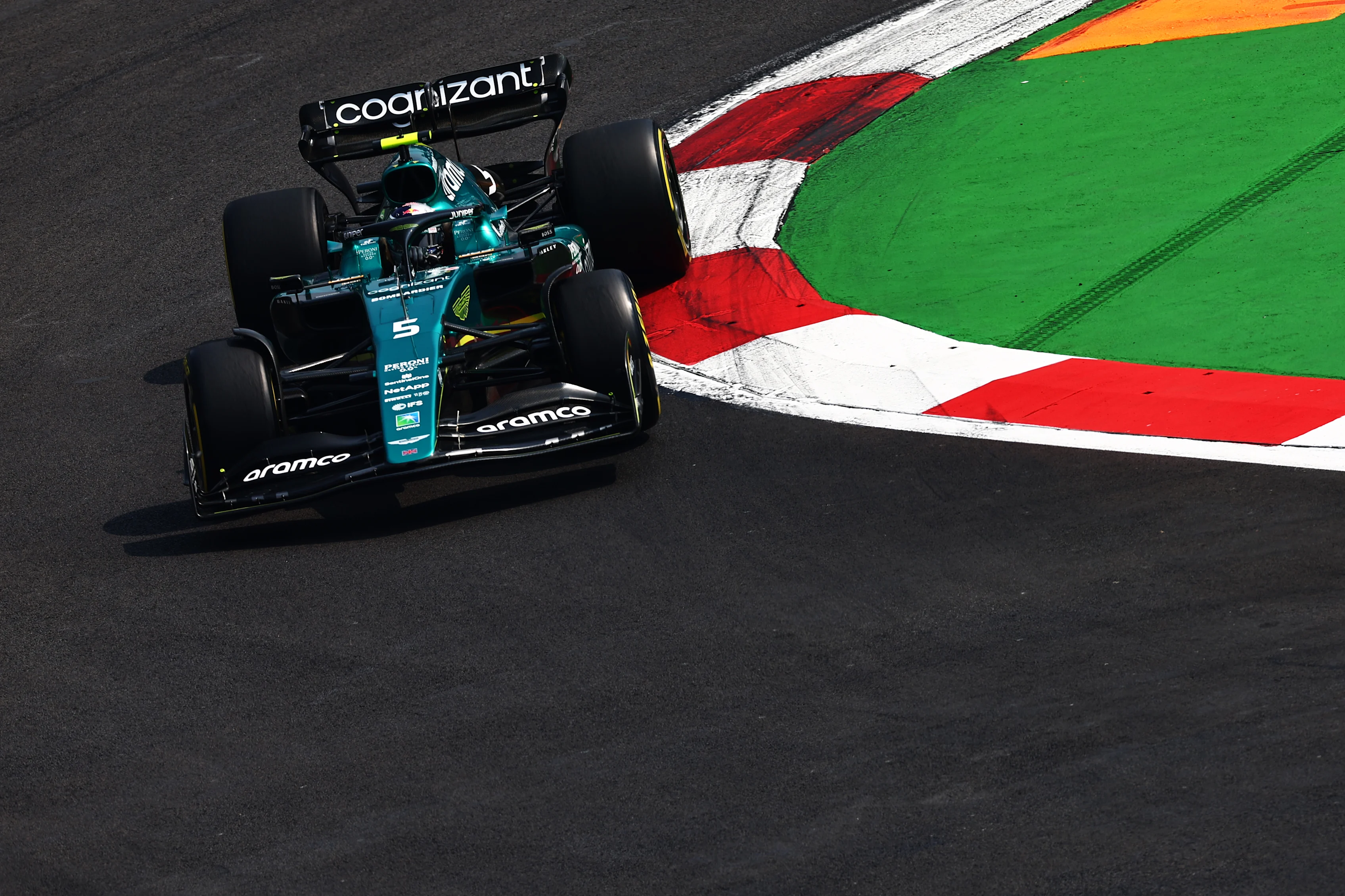 MEXICO CITY, MEXICO - OCTOBER 29: Sebastian Vettel of Germany driving the (5) Aston Martin AMR22 Mercedes on track during final practice ahead of the F1 Grand Prix of Mexico at Autodromo Hermanos Rodriguez on October 29, 2022 in Mexico City, Mexico. (Photo by Mark Thompson/Getty Images )