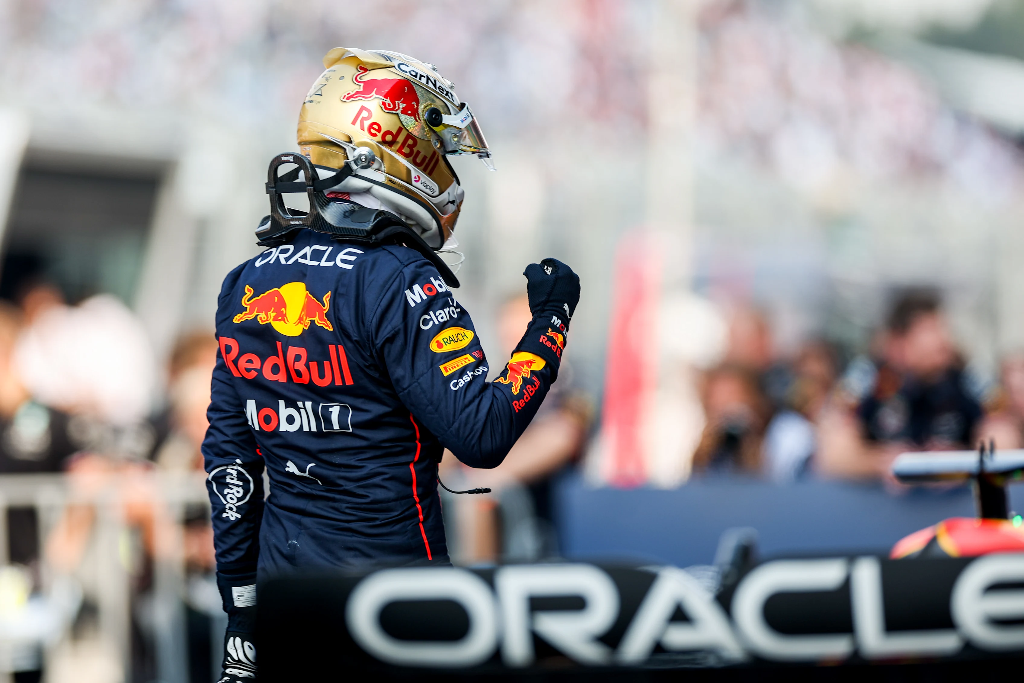 MEXICO CITY, MEXICO - OCTOBER 29: Max Verstappen of Red Bull Racing and The Netherlands celebrates pole position during qualifying ahead of the F1 Grand Prix of Mexico at Autodromo Hermanos Rodriguez on October 29, 2022 in Mexico City, Mexico. (Photo by Peter Fox/Getty Images)