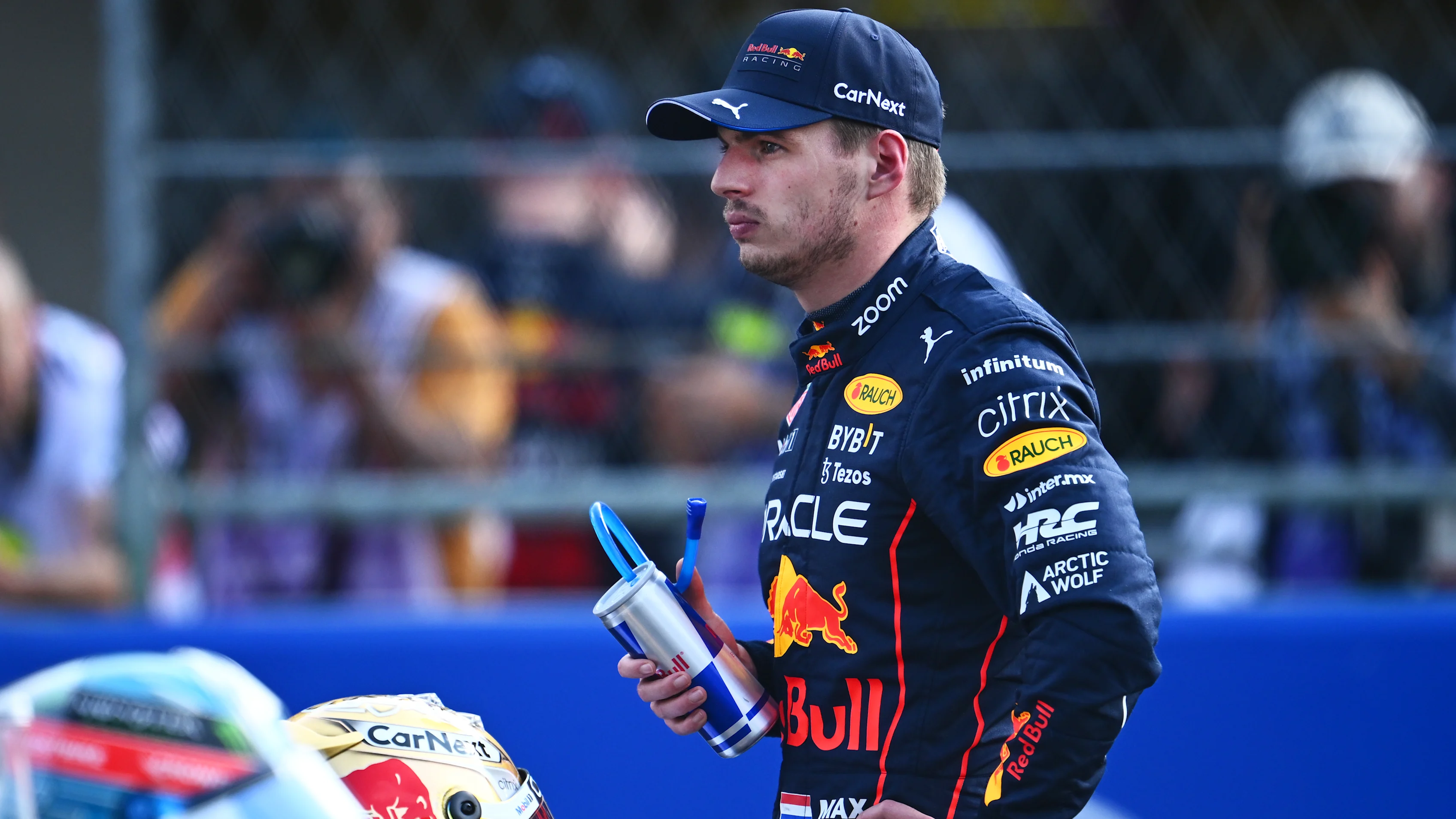 MEXICO CITY, MEXICO - OCTOBER 29: Pole position qualifier Max Verstappen of the Netherlands and Oracle Red Bull Racing looks on in parc ferme during qualifying ahead of the F1 Grand Prix of Mexico at Autodromo Hermanos Rodriguez on October 29, 2022 in Mexico City, Mexico. (Photo by Clive Mason - Formula 1/Formula 1 via Getty Images)